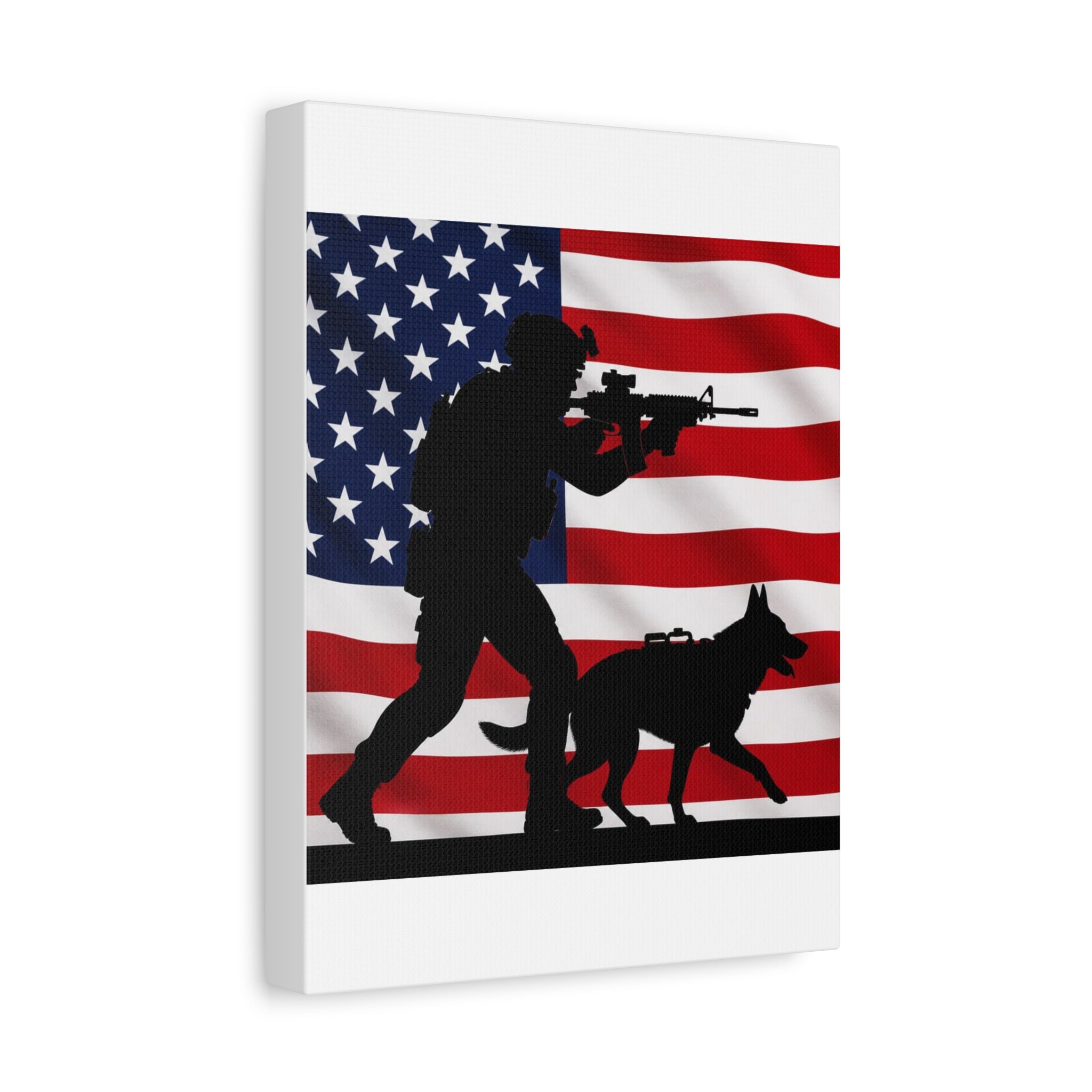 Patriotic Military K9 Canvas Wall Art — Soldier and Dog Silhouette with American Flag