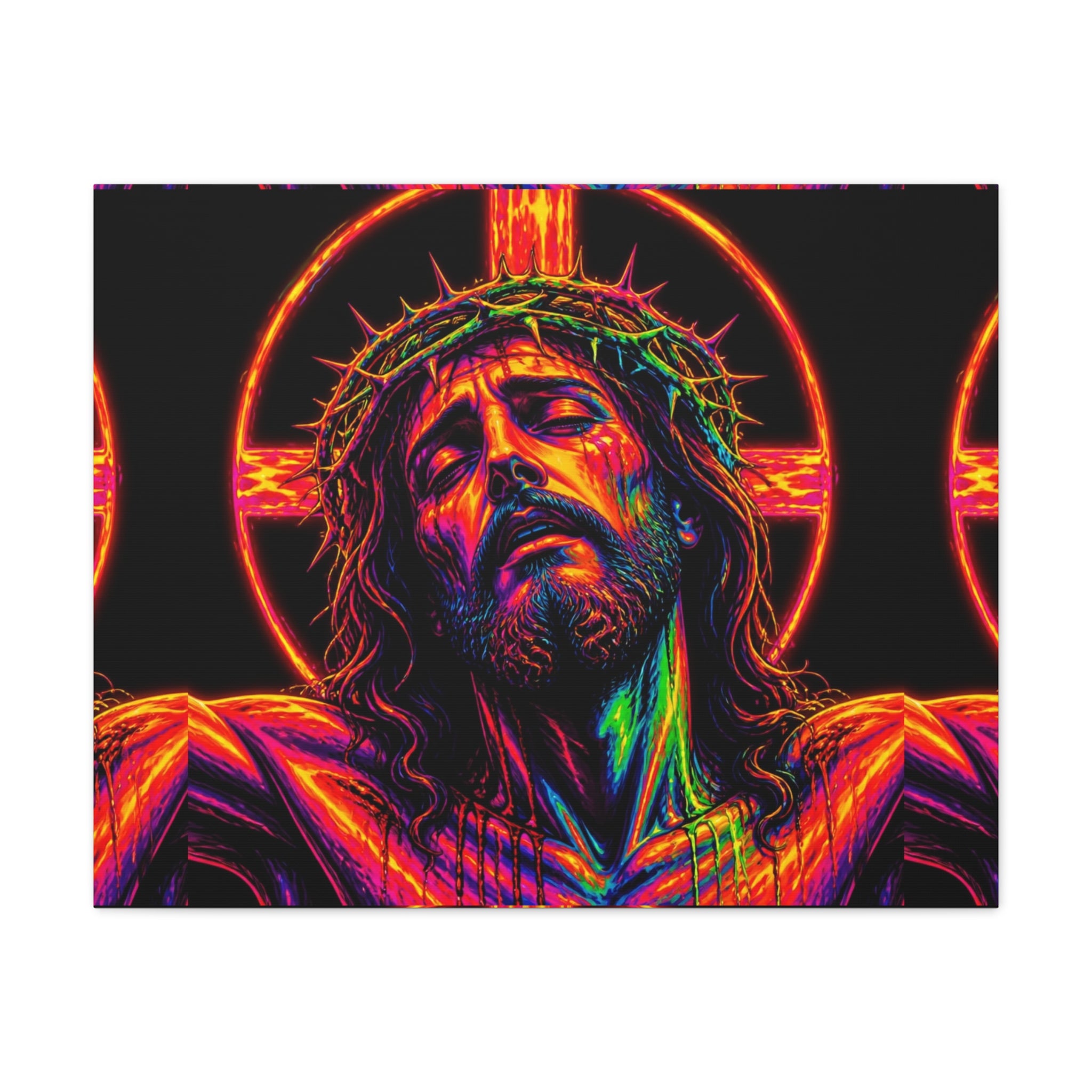 Neon Christ Crucifix Canvas Print — Vibrant Religious Wall Art