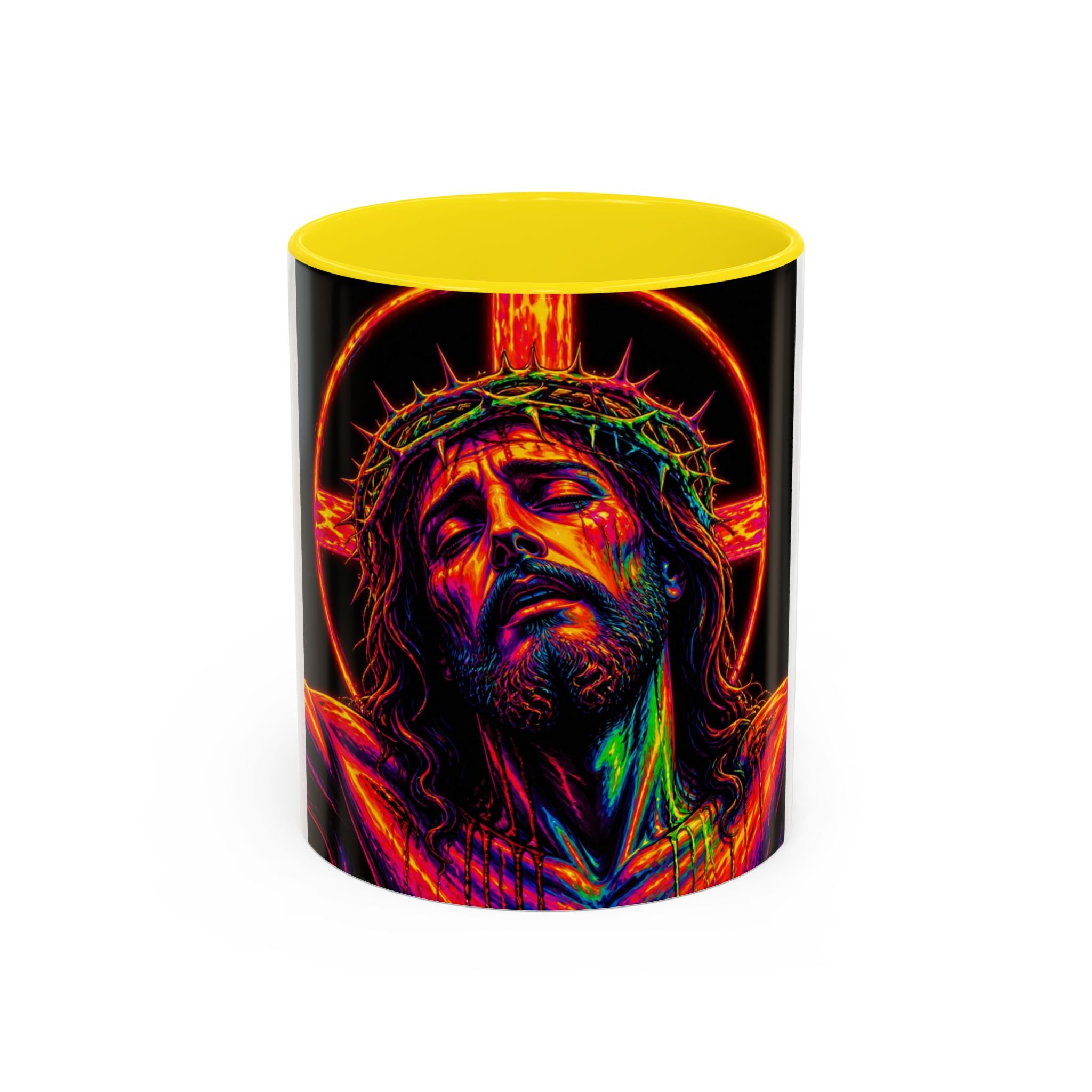 Jesus Christ Neon Portrait Coffee Mug — Colorful Crucifixion Accent Mug (11/15oz)