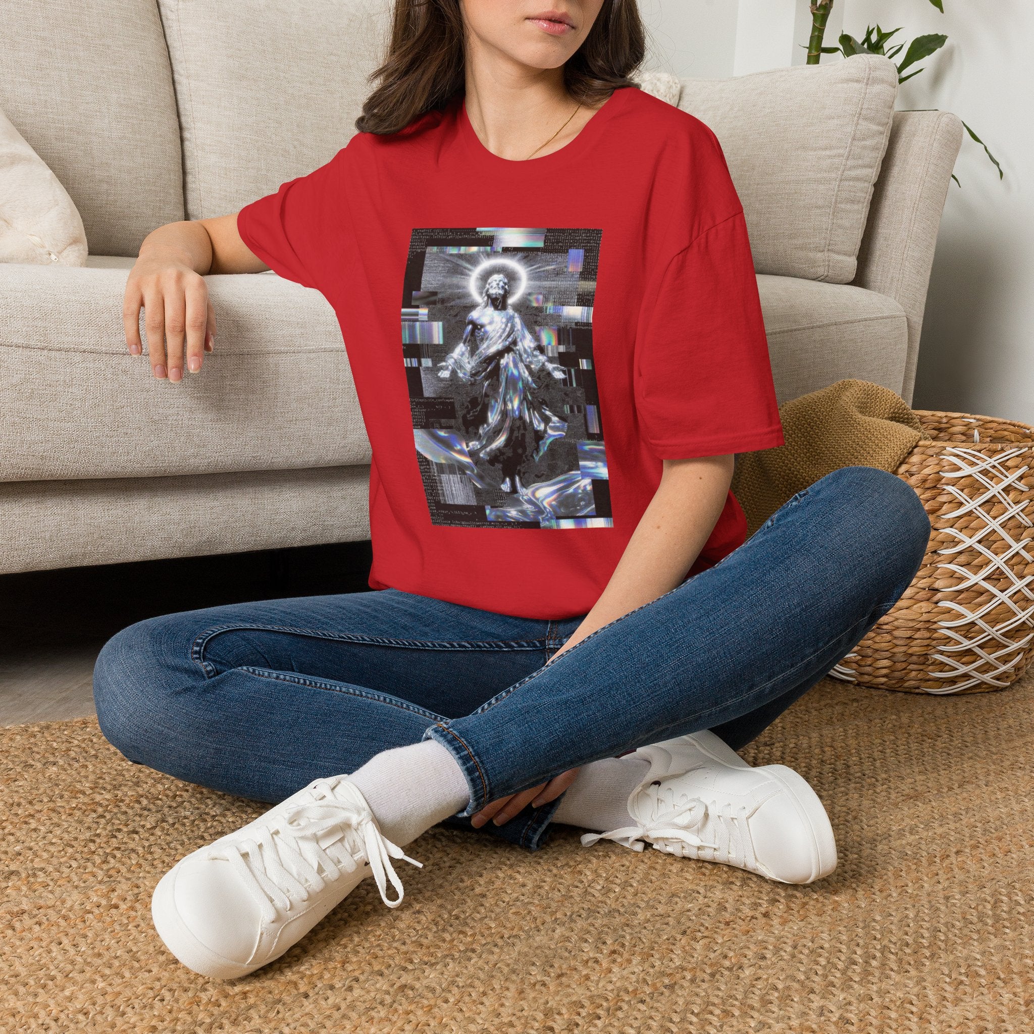 Glitch Halo Jesus T-Shirt — Vintage Religious Retro Digital Art Tee