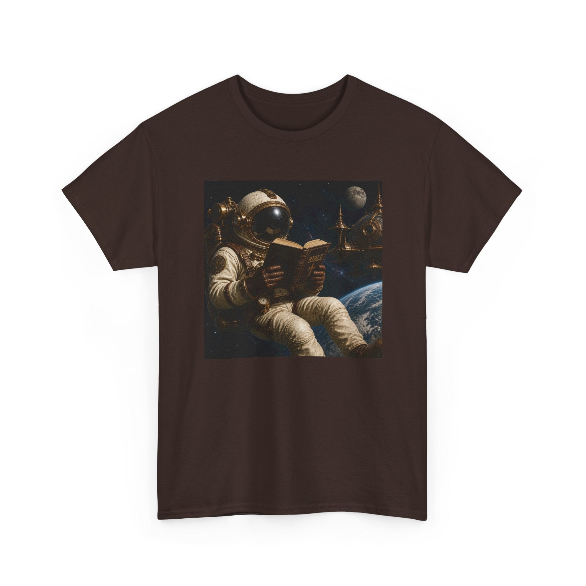 Astronaut Reading Graphic Tee — Spacebook Retro Sci‑Fi T-Shirt - Steampunk