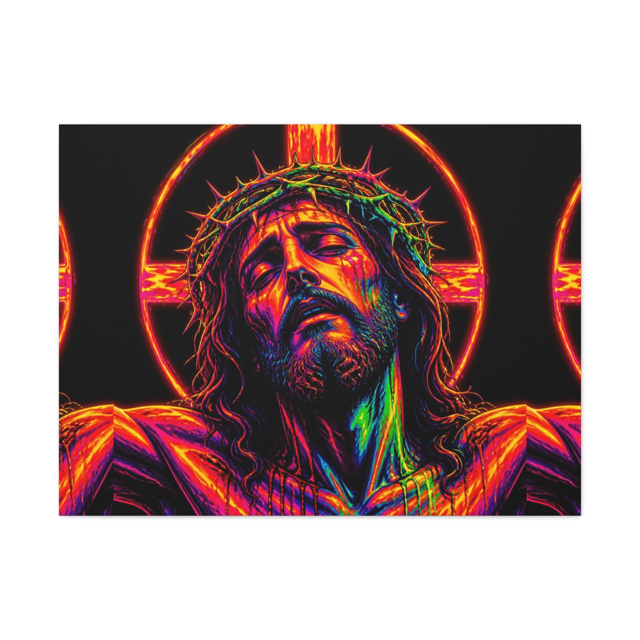 Neon Christ Crucifix Canvas Print — Vibrant Religious Wall Art