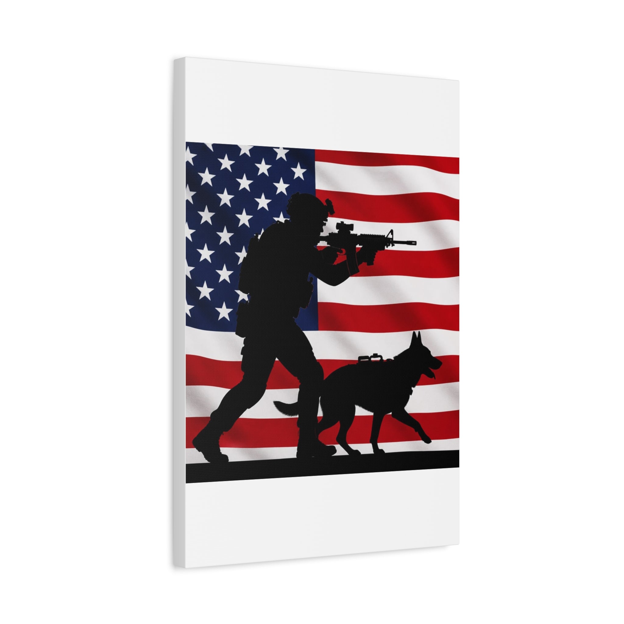 Patriotic Military K9 Canvas Wall Art — Soldier and Dog Silhouette with American Flag
