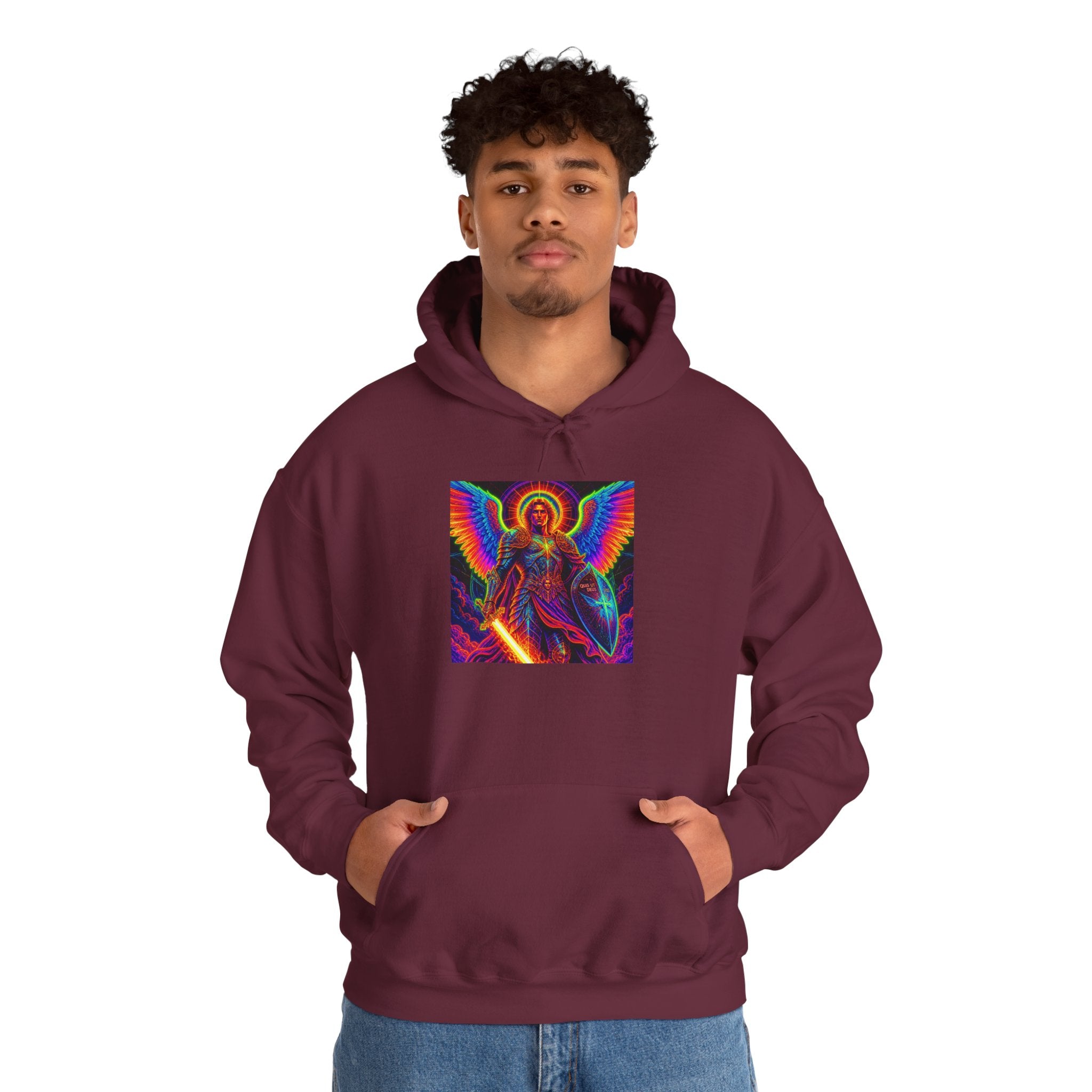 Psychedelic Angel Hoodie — Neon Rainbow Guardian Graphic Sweatshirt