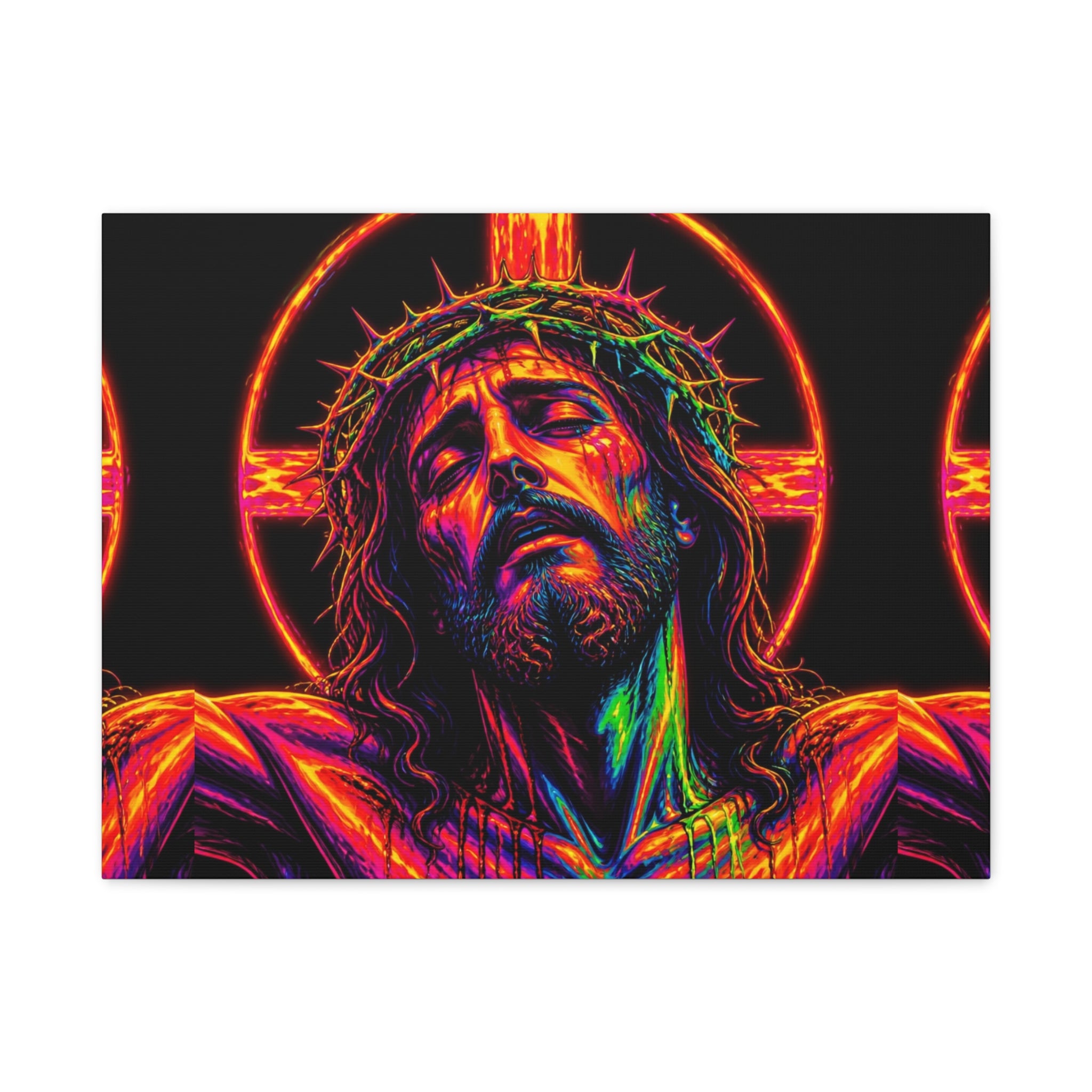 Neon Christ Crucifix Canvas Print — Vibrant Religious Wall Art