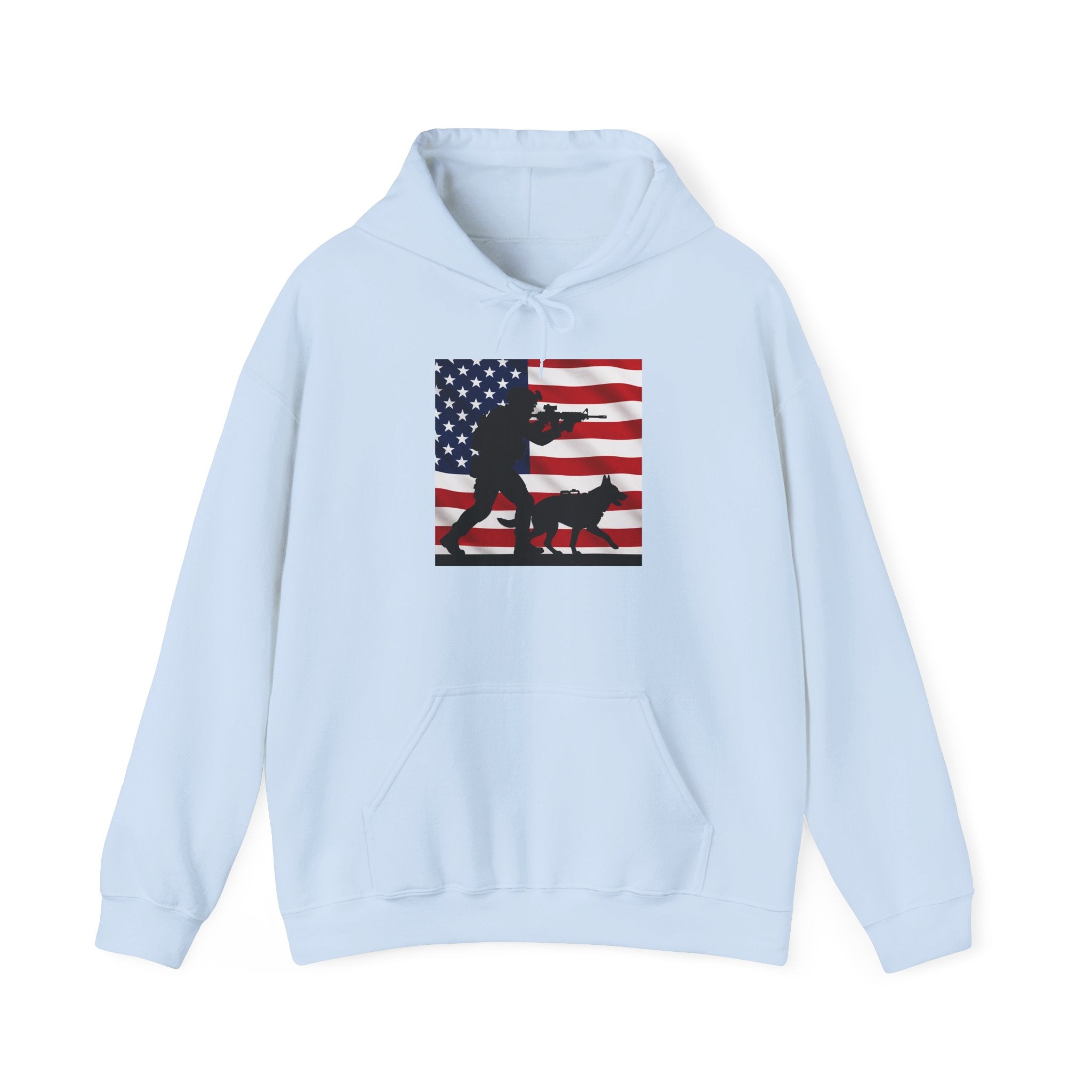 American K9 Handler Hoodie — US Flag Dog Silhouette Patriotic Sweatshirt