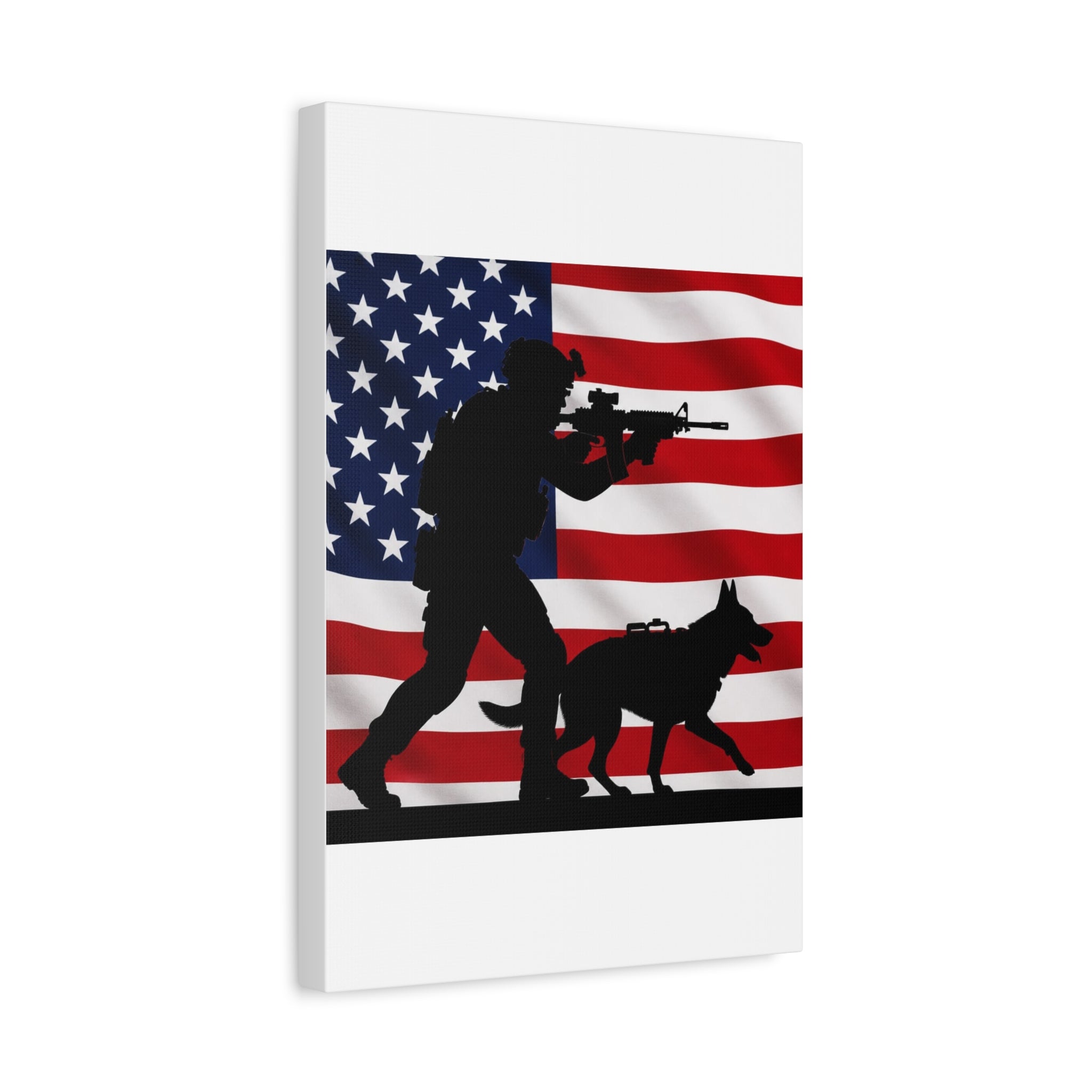Patriotic Military K9 Canvas Wall Art — Soldier and Dog Silhouette with American Flag