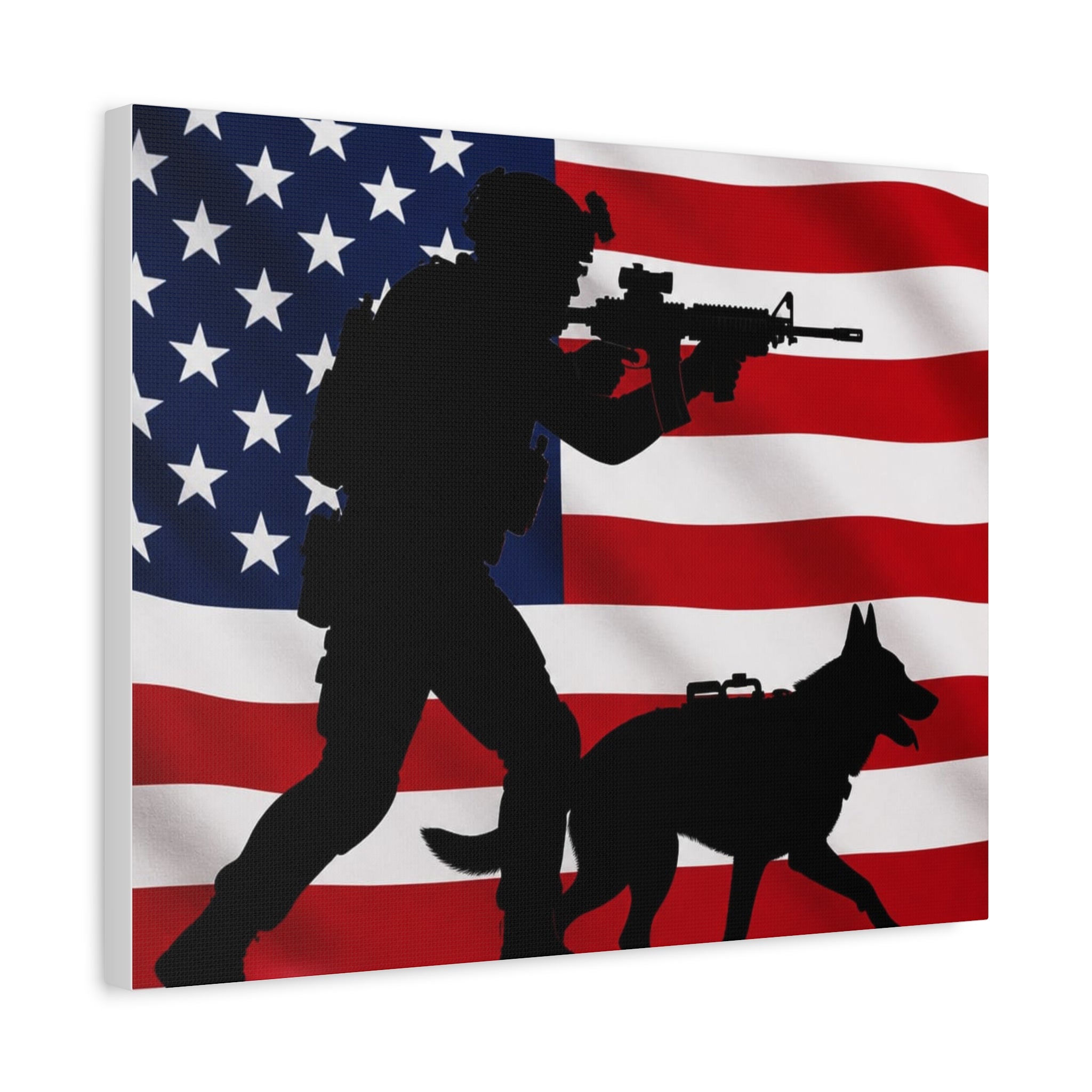 Patriotic Military K9 Canvas Wall Art — Soldier and Dog Silhouette with American Flag