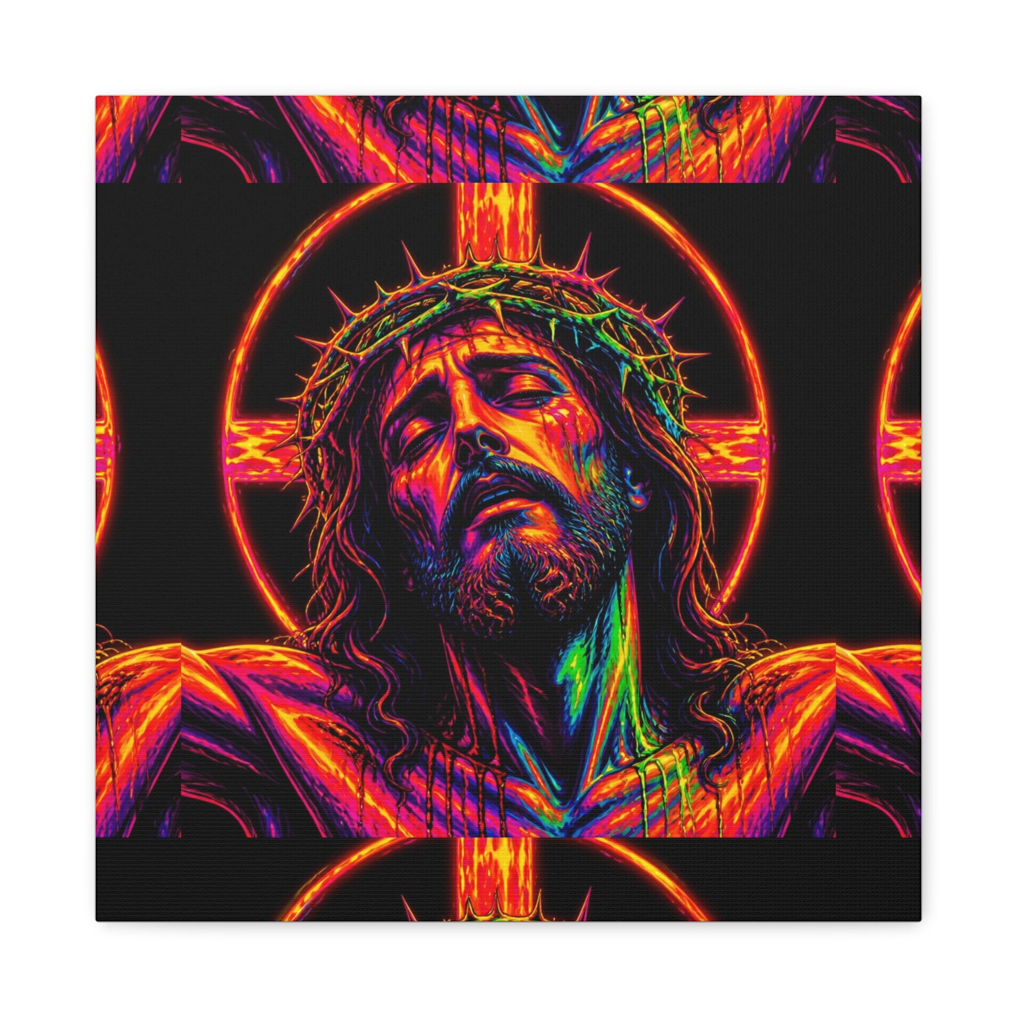 Neon Christ Crucifix Canvas Print — Vibrant Religious Wall Art