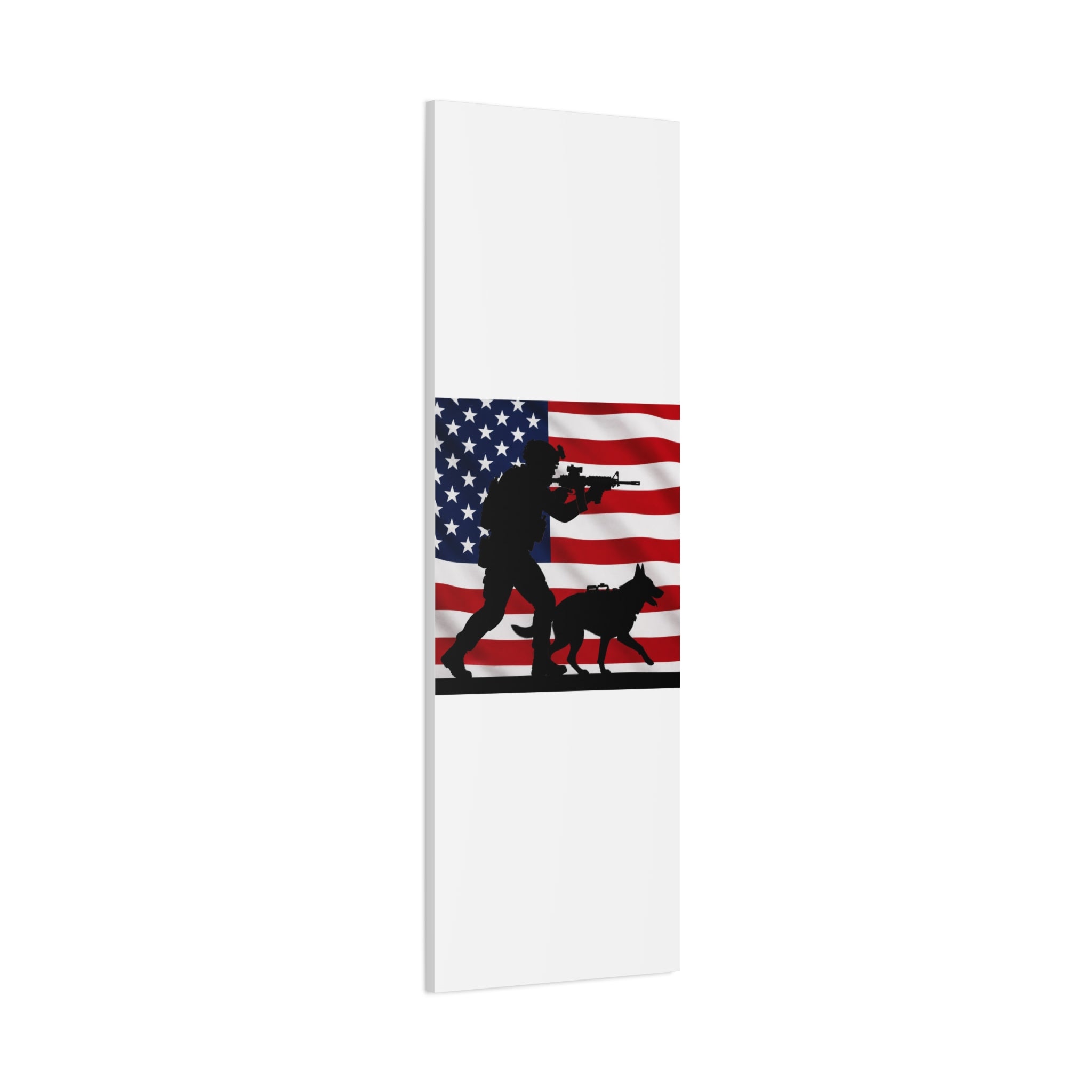 Patriotic Military K9 Canvas Wall Art — Soldier and Dog Silhouette with American Flag