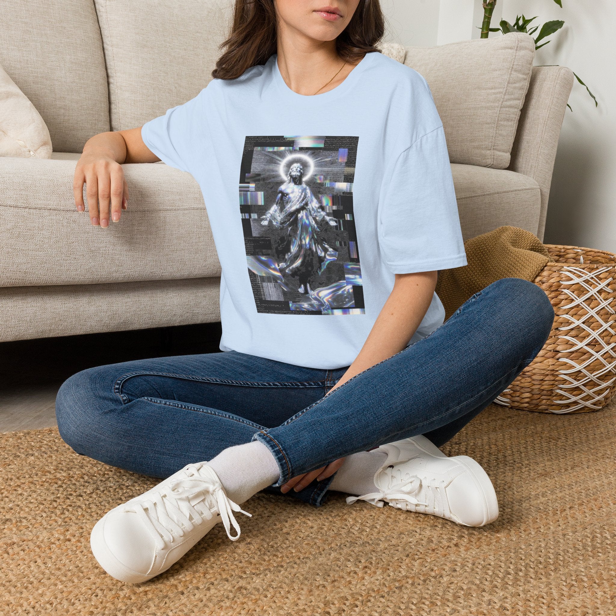 Glitch Halo Jesus T-Shirt — Vintage Religious Retro Digital Art Tee