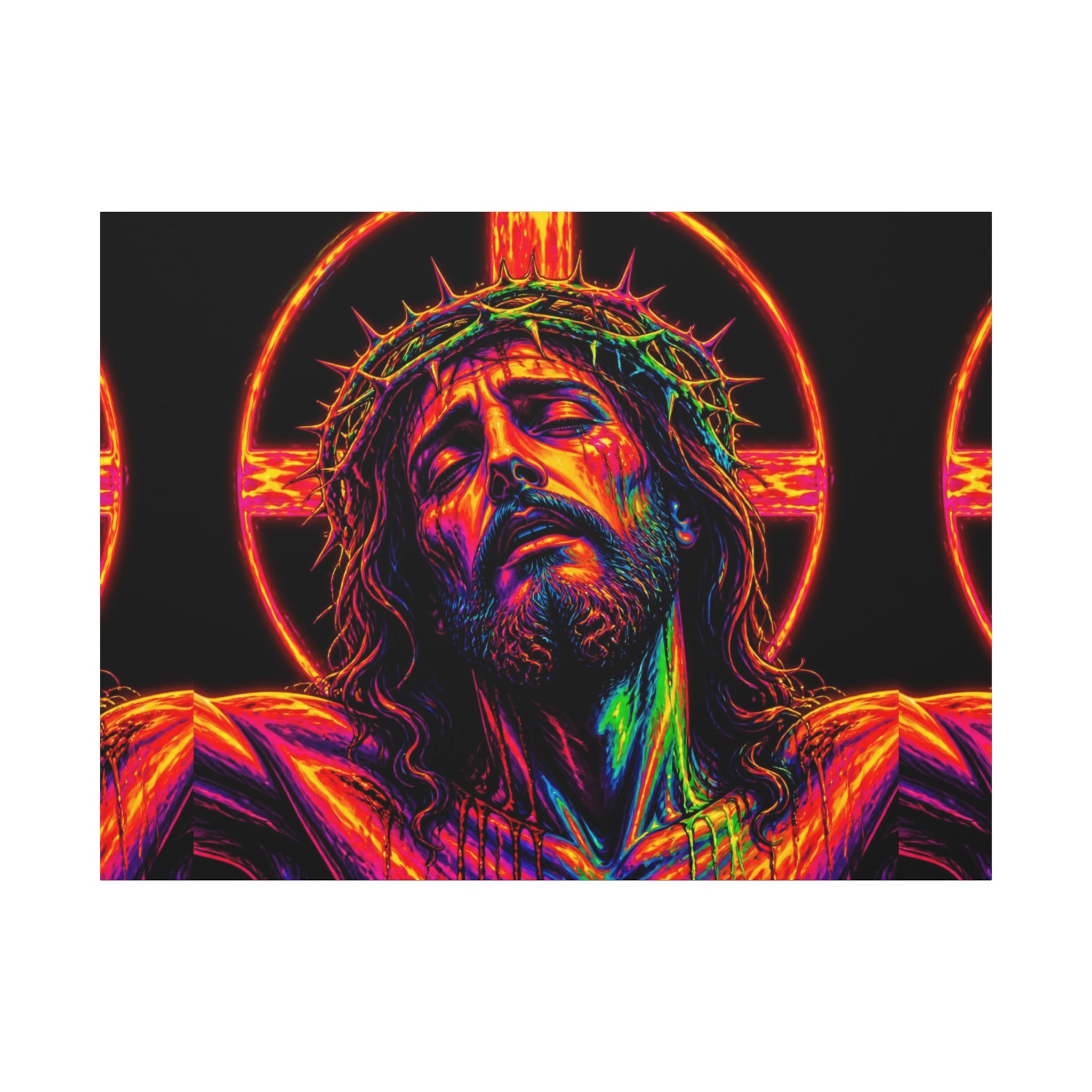 Neon Christ Crucifix Canvas Print — Vibrant Religious Wall Art