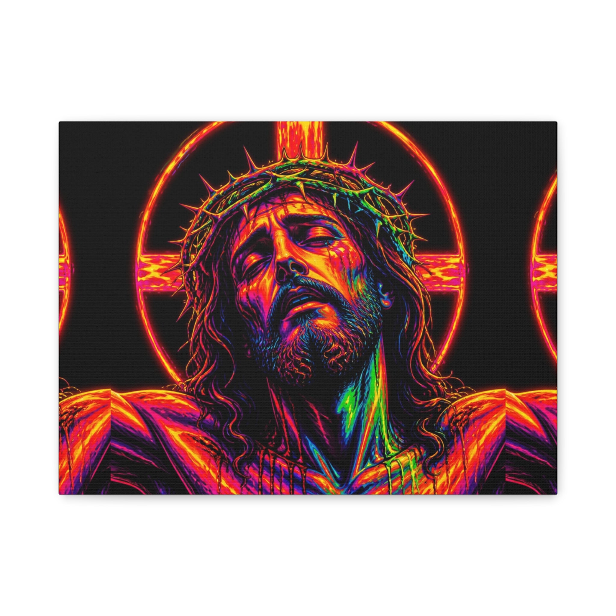 Neon Christ Crucifix Canvas Print — Vibrant Religious Wall Art