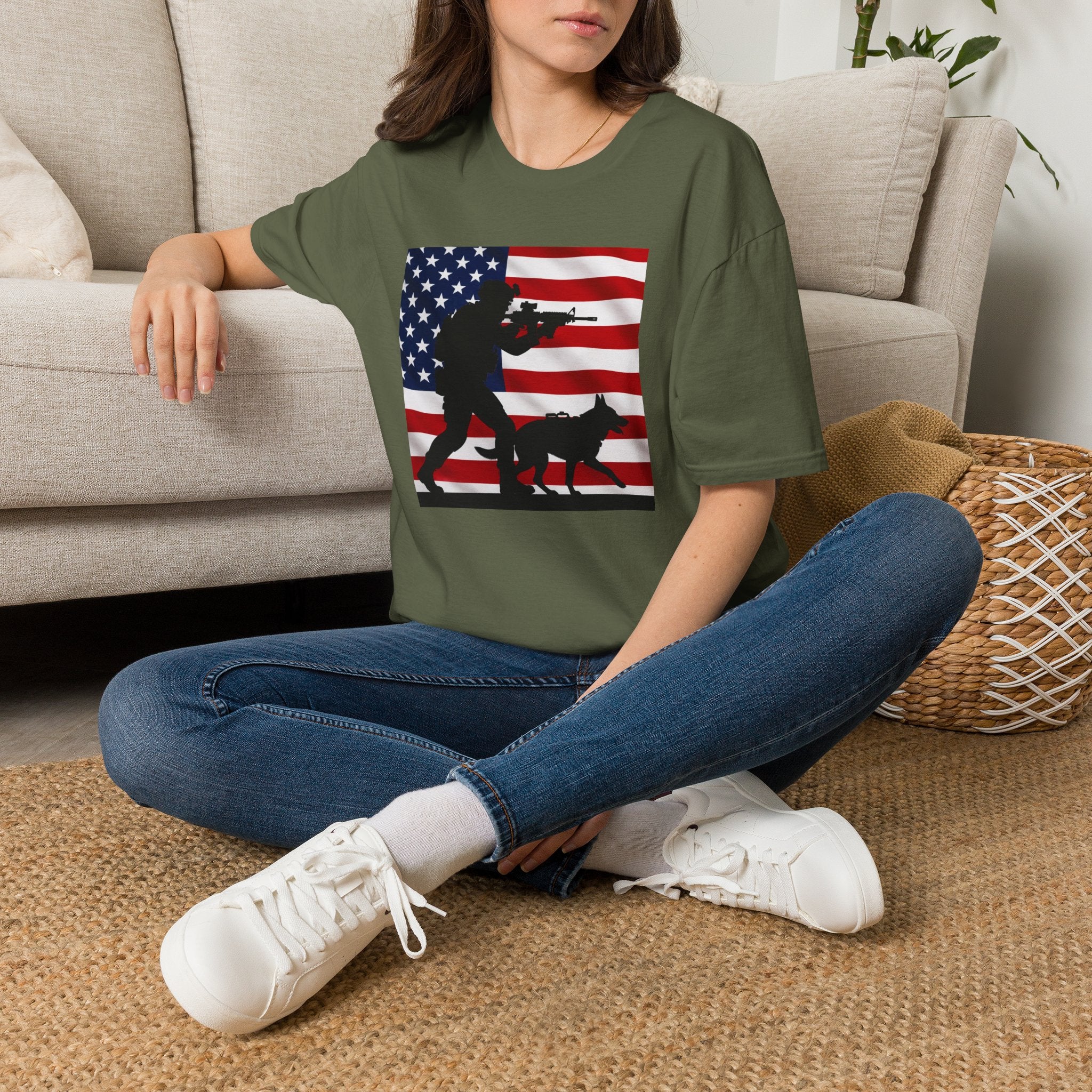 Patriotic K9 Handler T-Shirt — American Flag Soldier with Dog Graphic