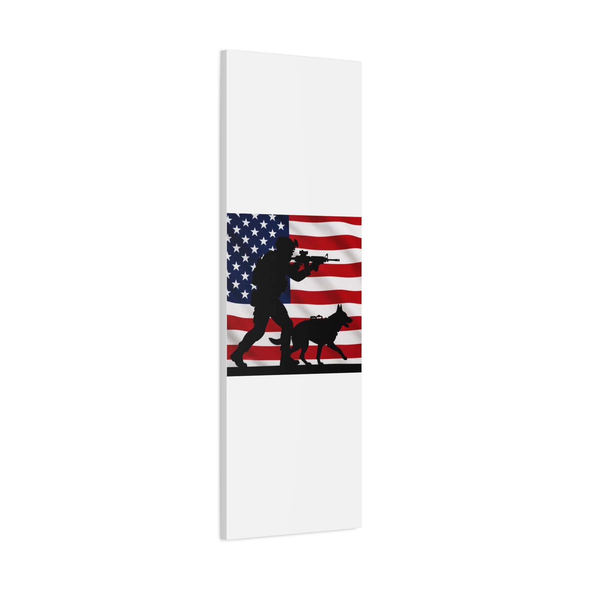 Patriotic Military K9 Canvas Wall Art — Soldier and Dog Silhouette with American Flag