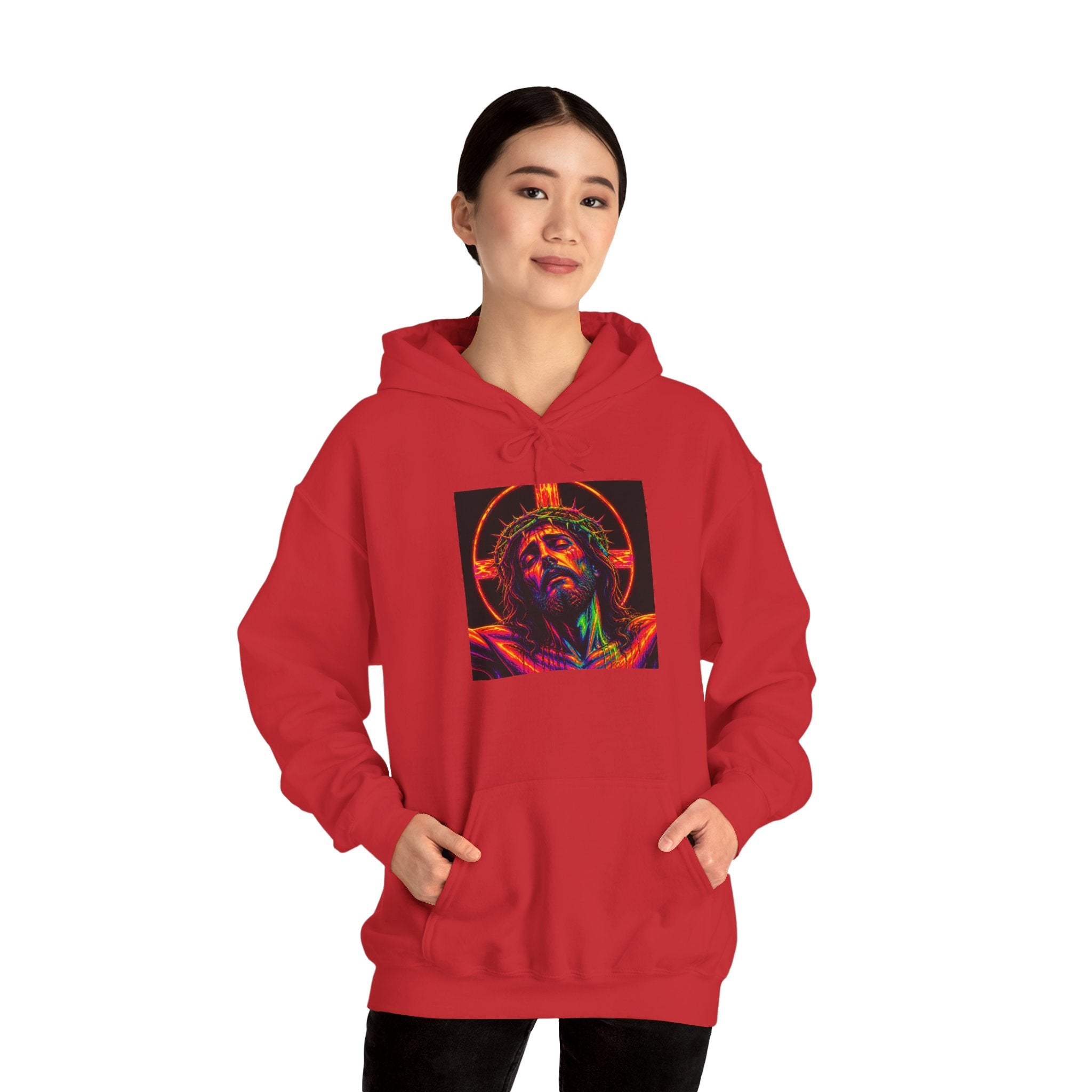 Jesus Portrait Hoodie — Neon Sacred Heart Graphic Hooded Sweatshirt