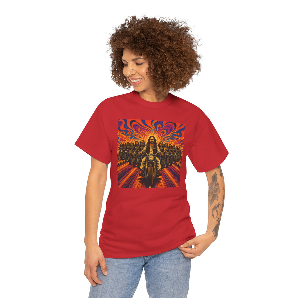 Psychedelic Yashua/Jesus Biker Crew T-Shirt — Retro Jesus Motorcycle Rider Graphic Tee