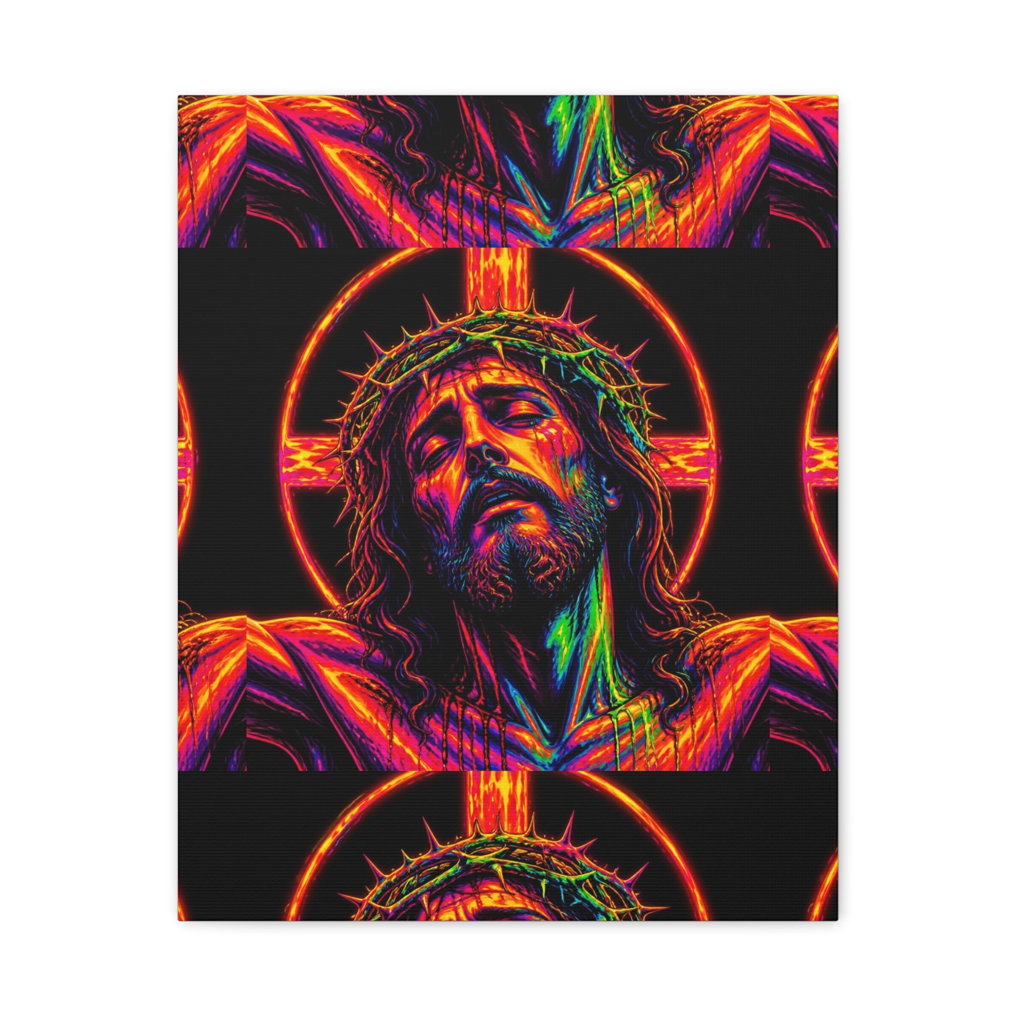 Neon Christ Crucifix Canvas Print — Vibrant Religious Wall Art
