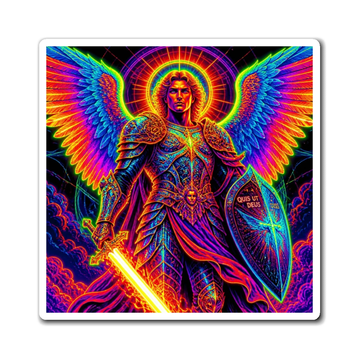 Neon Archangel Magnet — Rainbow Saint Michael with Sword & Shield
