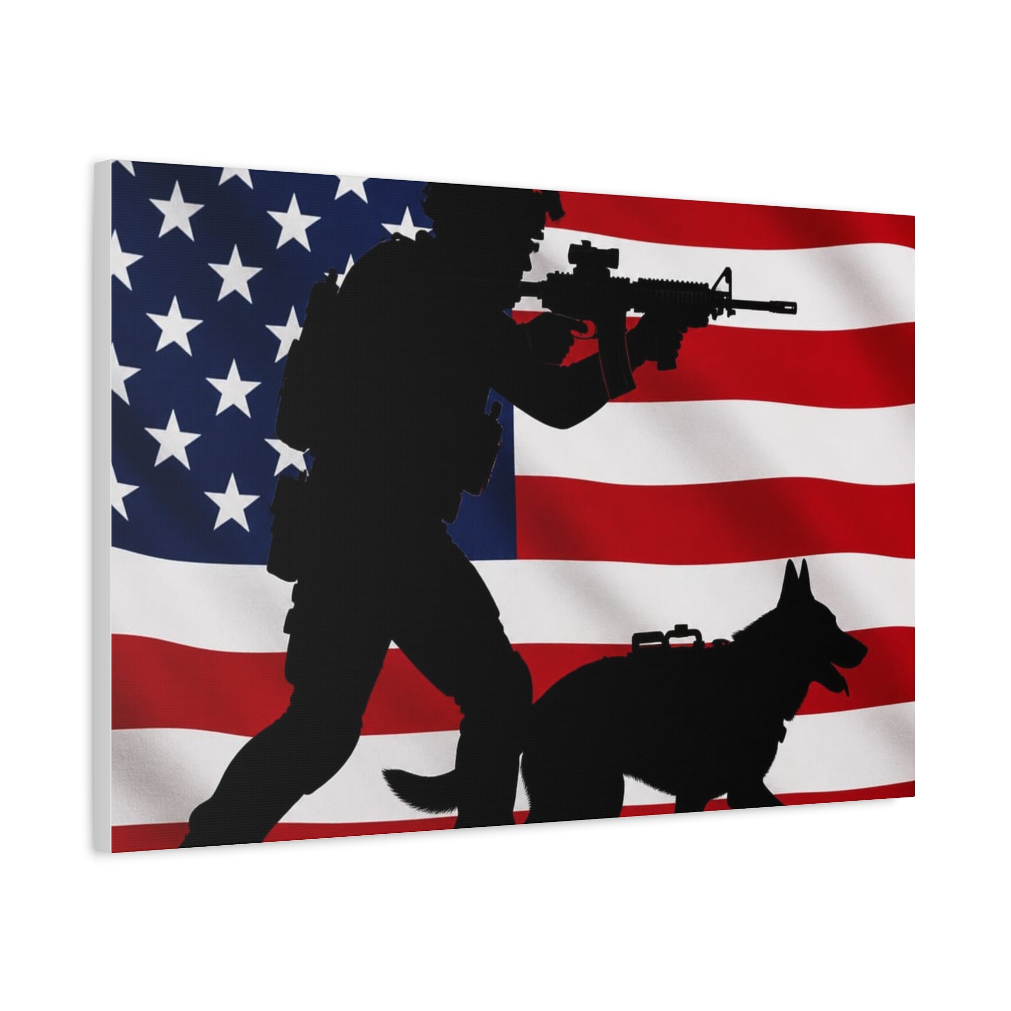 Patriotic Military K9 Canvas Wall Art — Soldier and Dog Silhouette with American Flag