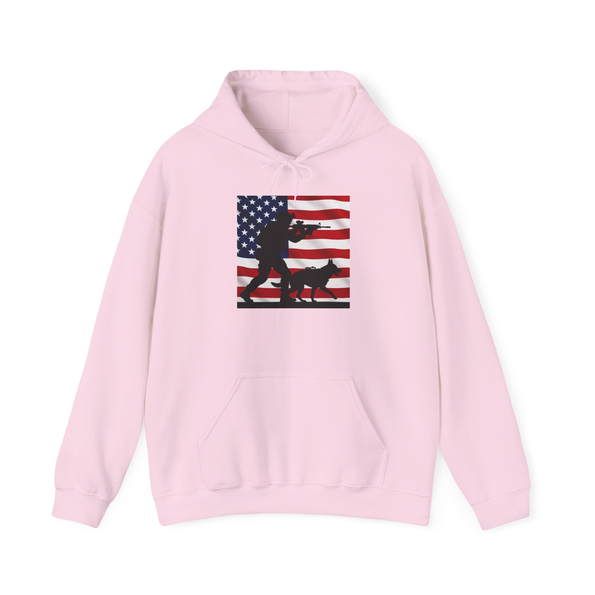 American K9 Handler Hoodie — US Flag Dog Silhouette Patriotic Sweatshirt
