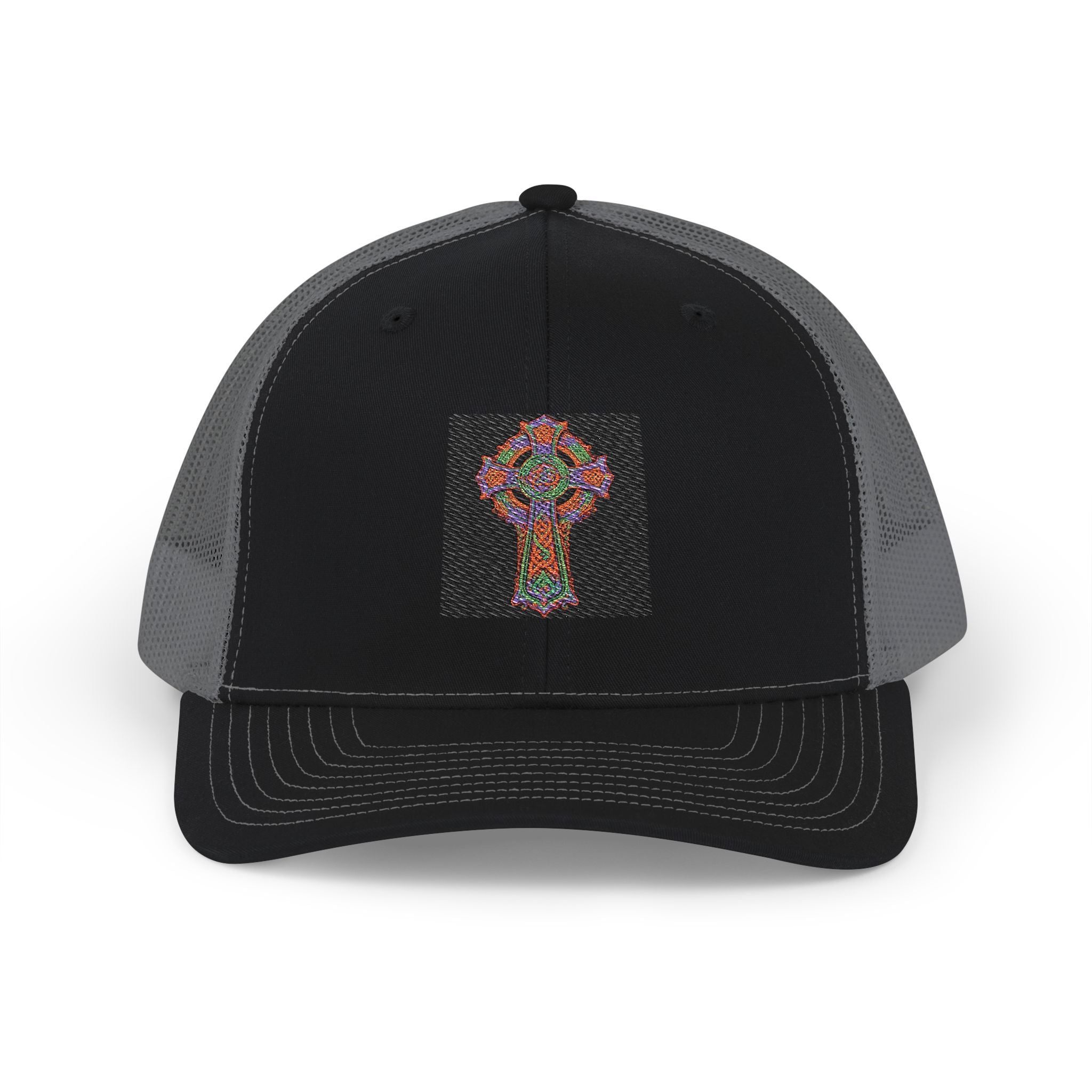 Floral Cross Snapback Trucker Cap — Colorful Mosaic Church Cross Hat
