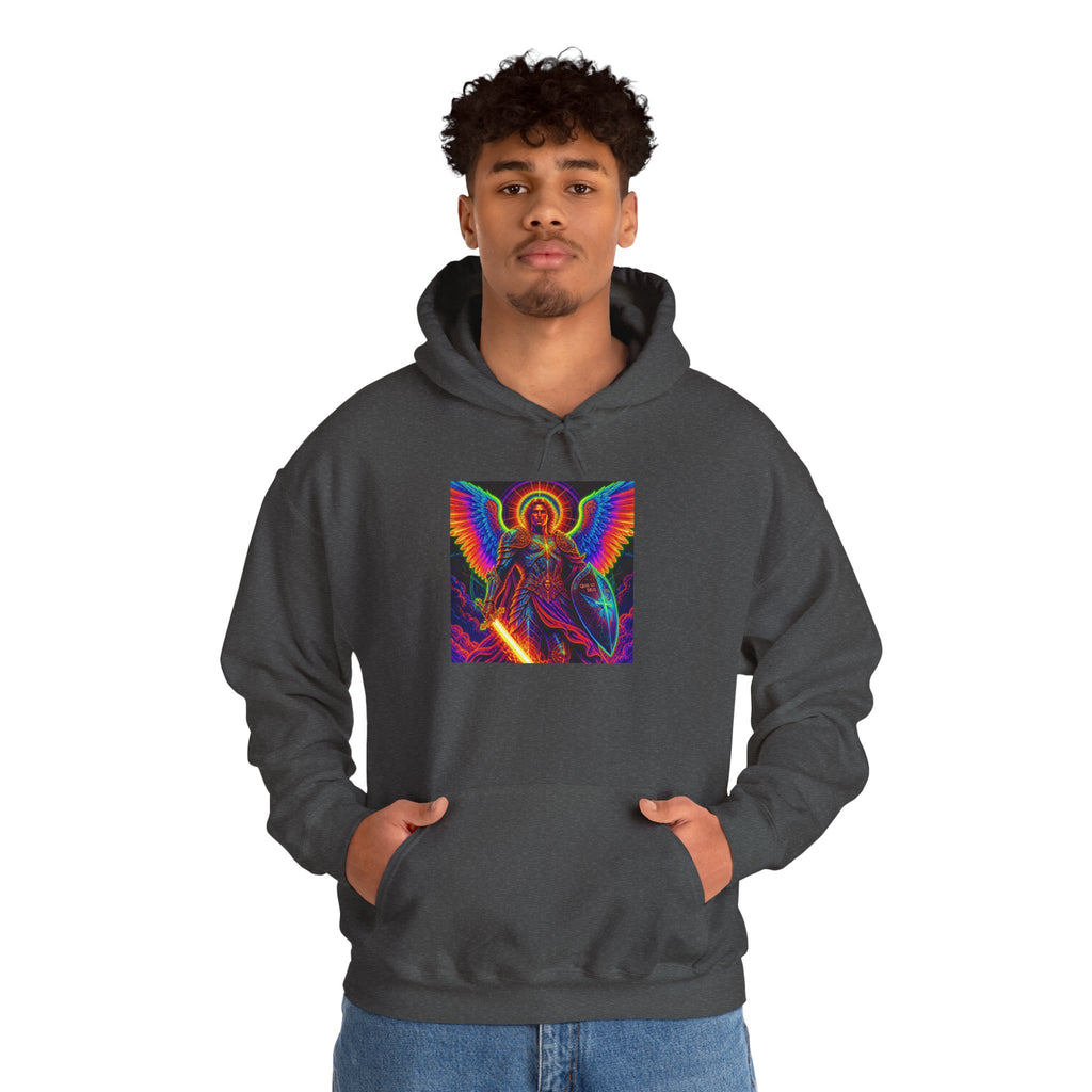 Psychedelic Angel Hoodie — Neon Rainbow Guardian Graphic Sweatshirt