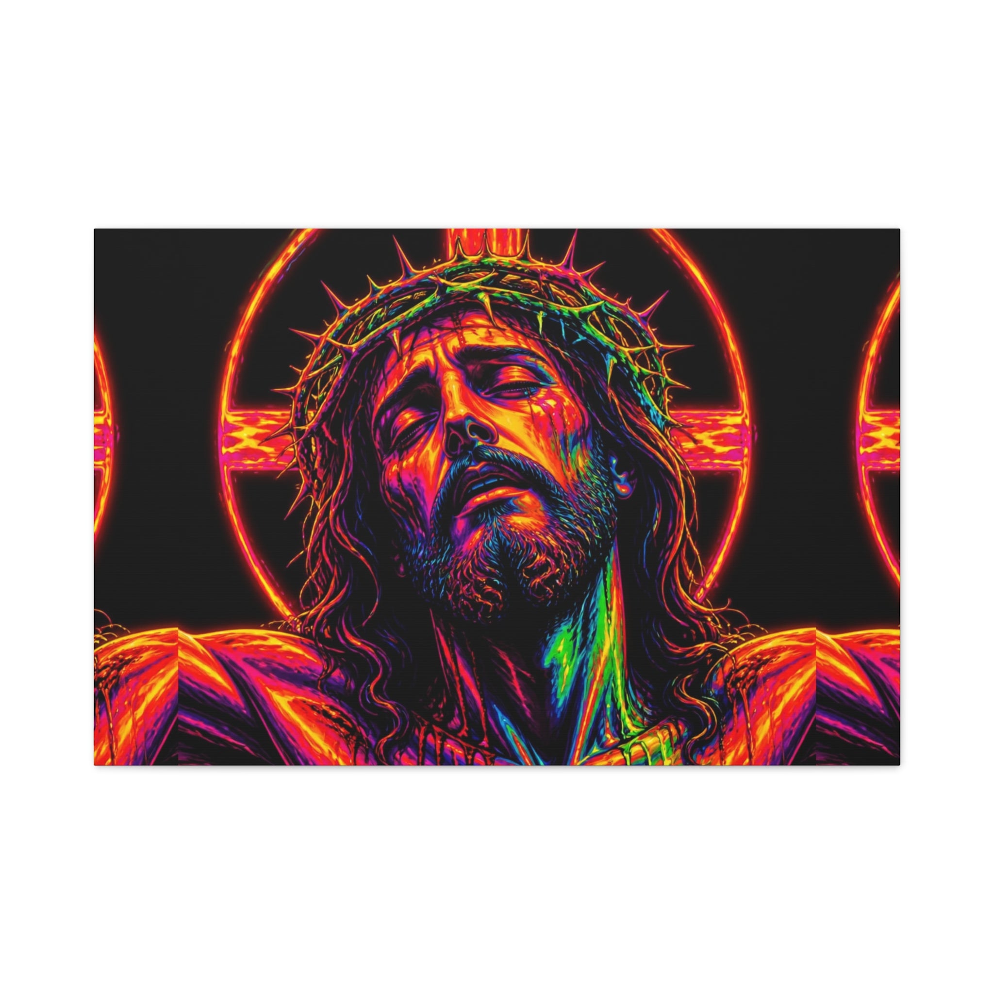 Neon Christ Crucifix Canvas Print — Vibrant Religious Wall Art