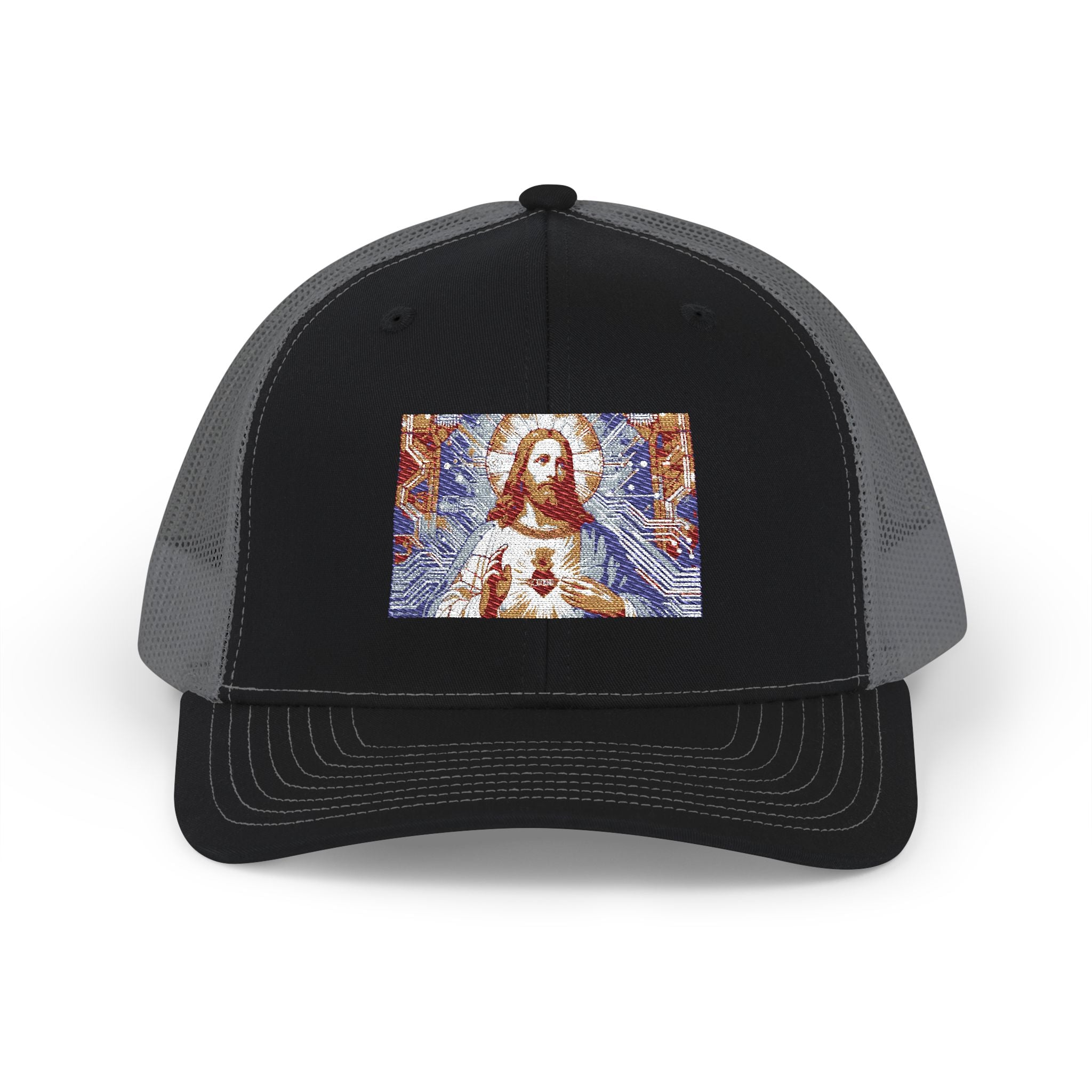 Religious Trucker Cap — Mosaic Sacred Heart Patch Snapback