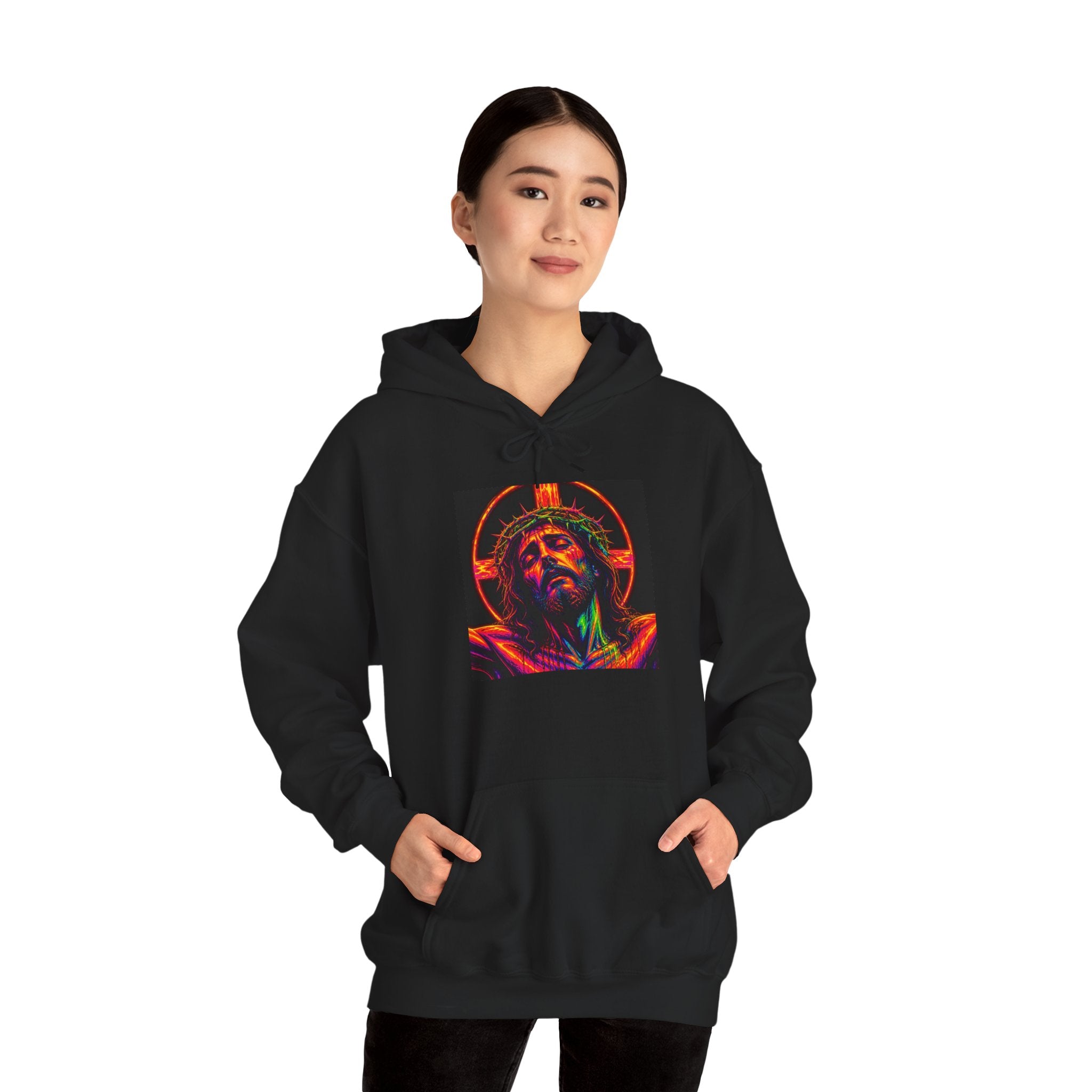 Jesus Portrait Hoodie — Neon Sacred Heart Graphic Hooded Sweatshirt