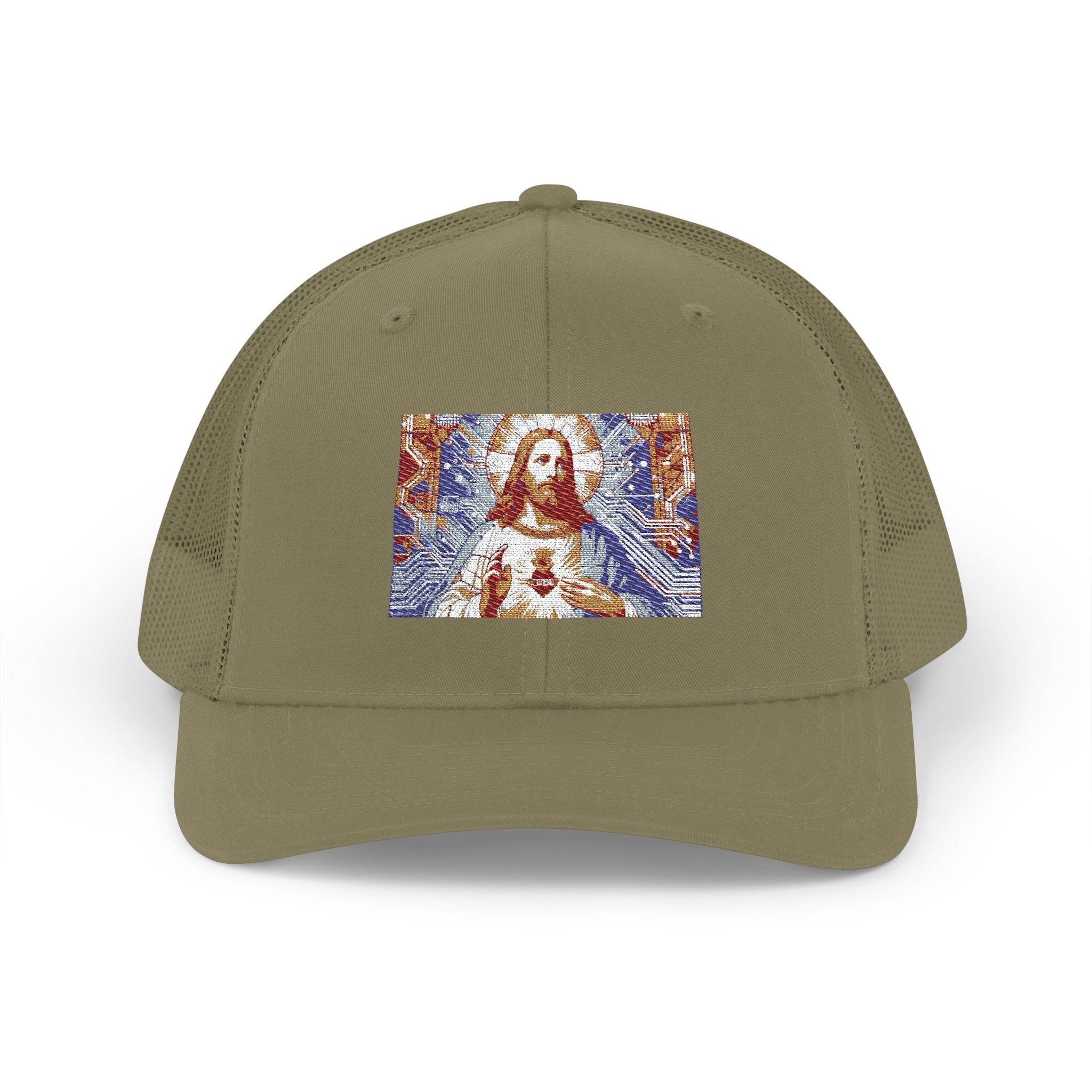 Religious Trucker Cap — Mosaic Sacred Heart Patch Snapback