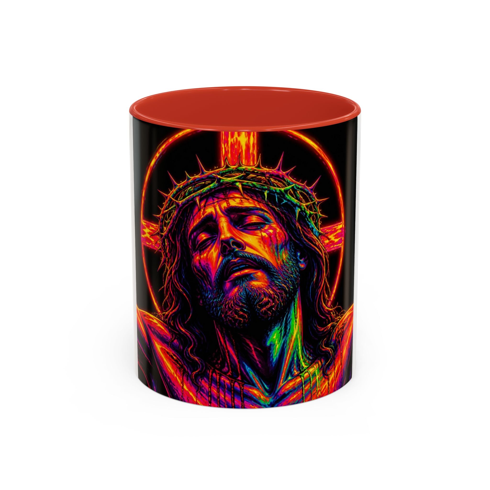 Jesus Christ Neon Portrait Coffee Mug — Colorful Crucifixion Accent Mug (11/15oz)