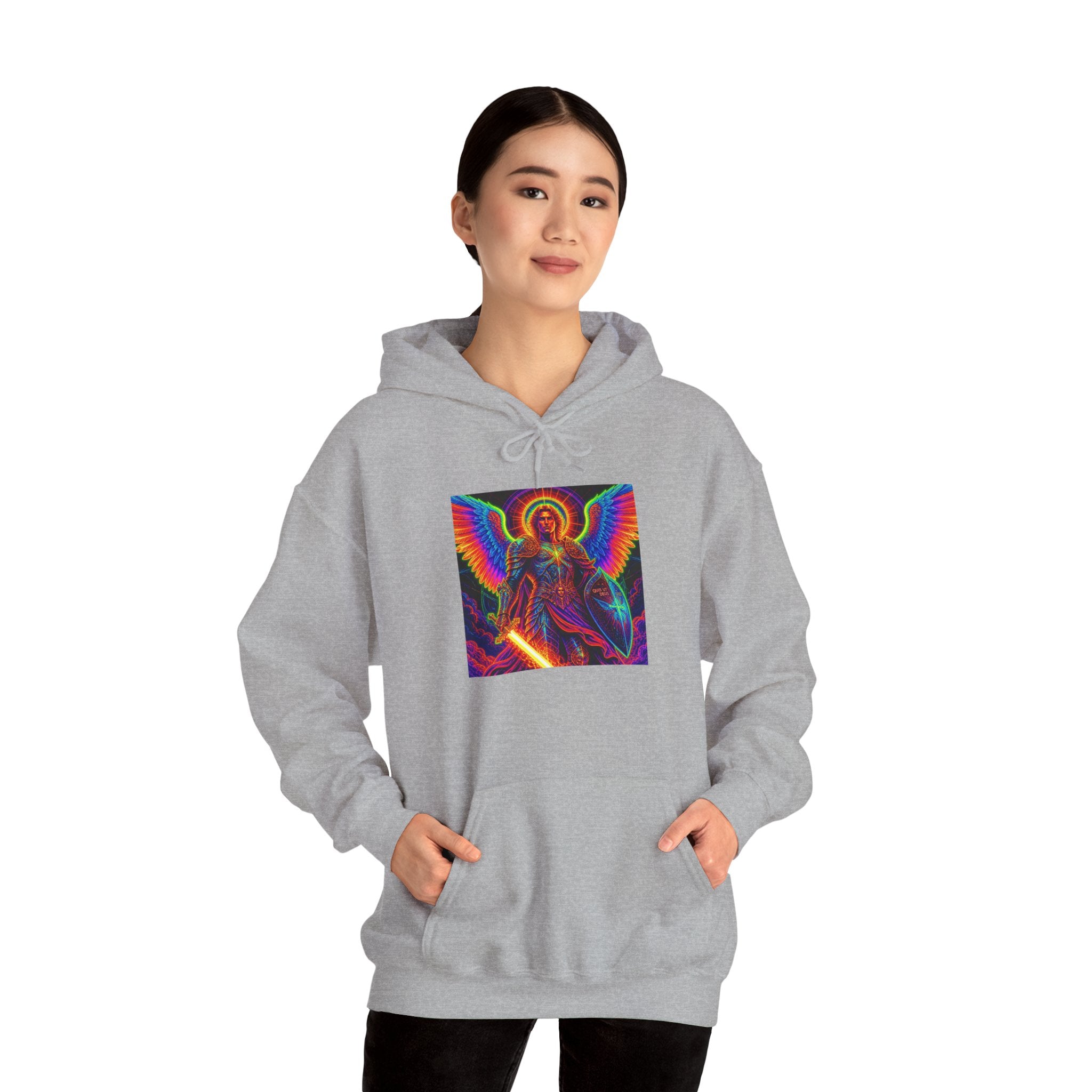 Psychedelic Angel Hoodie — Neon Rainbow Guardian Graphic Sweatshirt