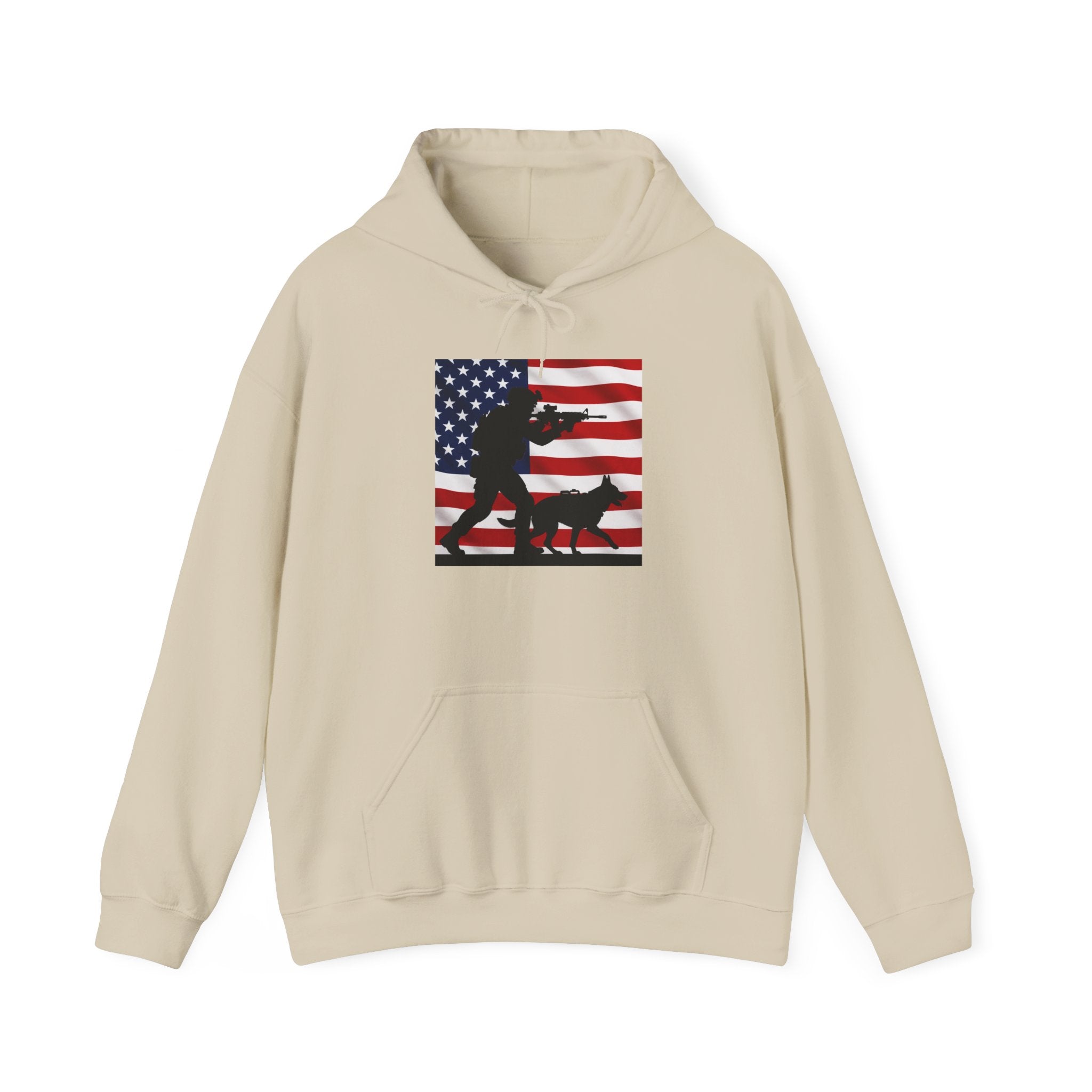 American K9 Handler Hoodie — US Flag Dog Silhouette Patriotic Sweatshirt