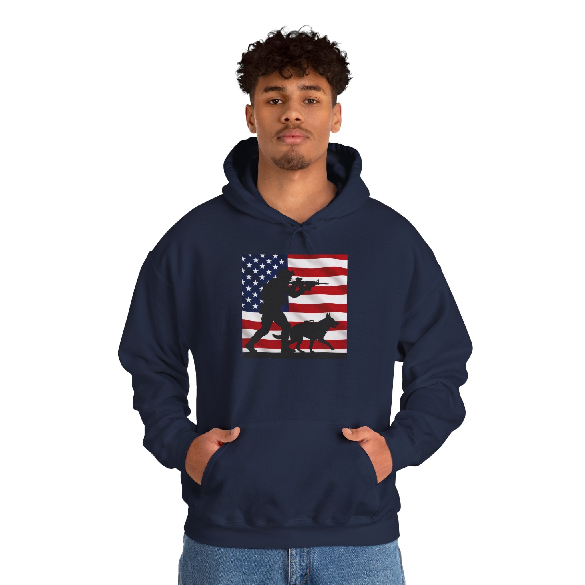 American K9 Handler Hoodie — US Flag Dog Silhouette Patriotic Sweatshirt