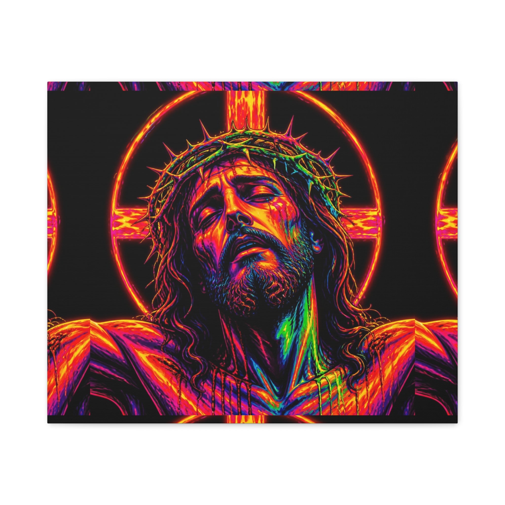 Neon Christ Crucifix Canvas Print — Vibrant Religious Wall Art