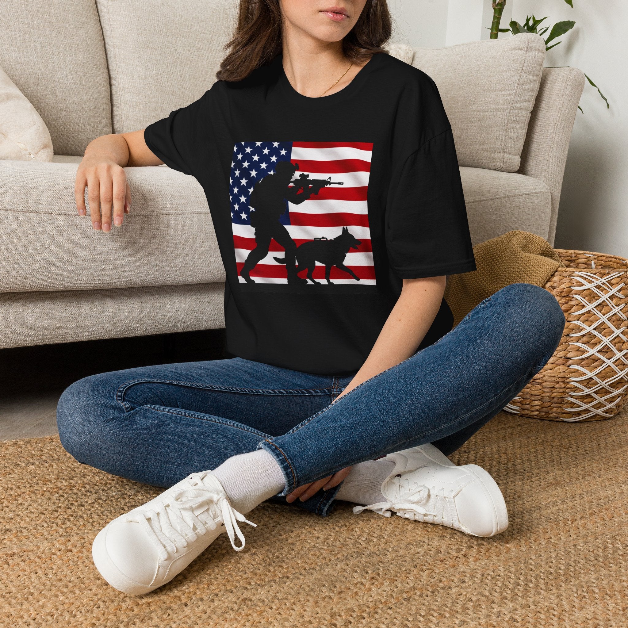 Patriotic K9 Handler T-Shirt — American Flag Soldier with Dog Graphic