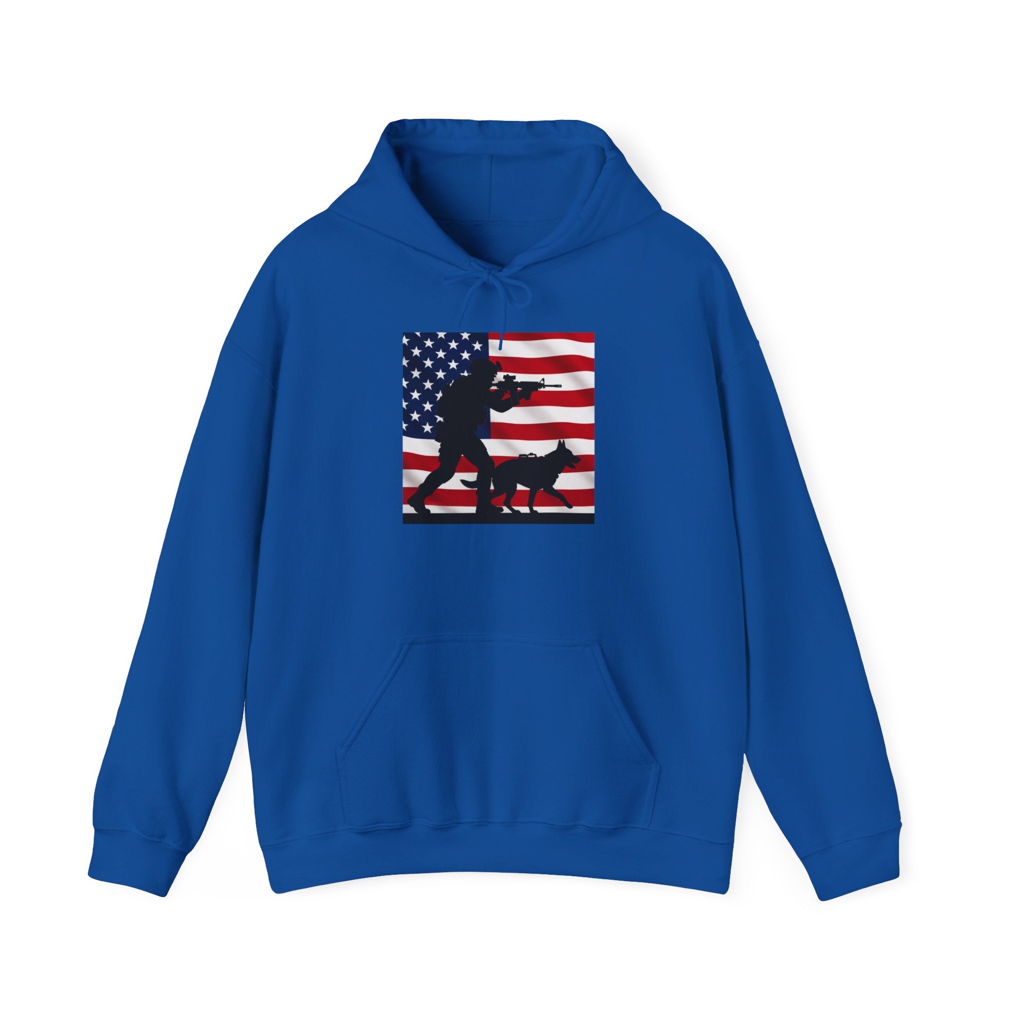 American K9 Handler Hoodie — US Flag Dog Silhouette Patriotic Sweatshirt