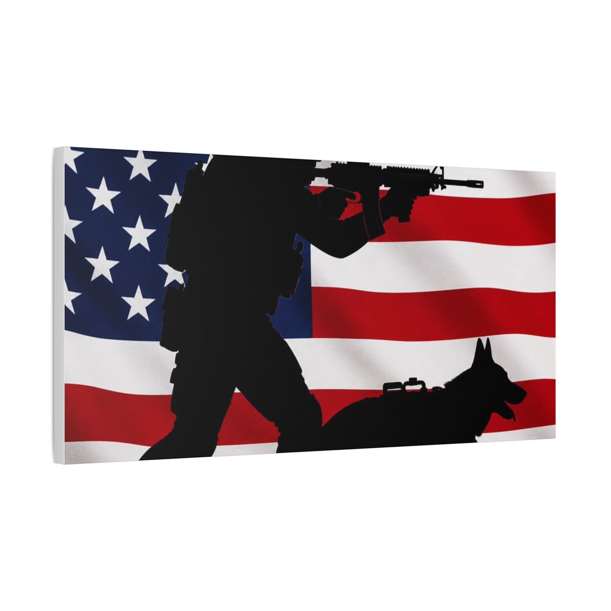 Patriotic Military K9 Canvas Wall Art — Soldier and Dog Silhouette with American Flag