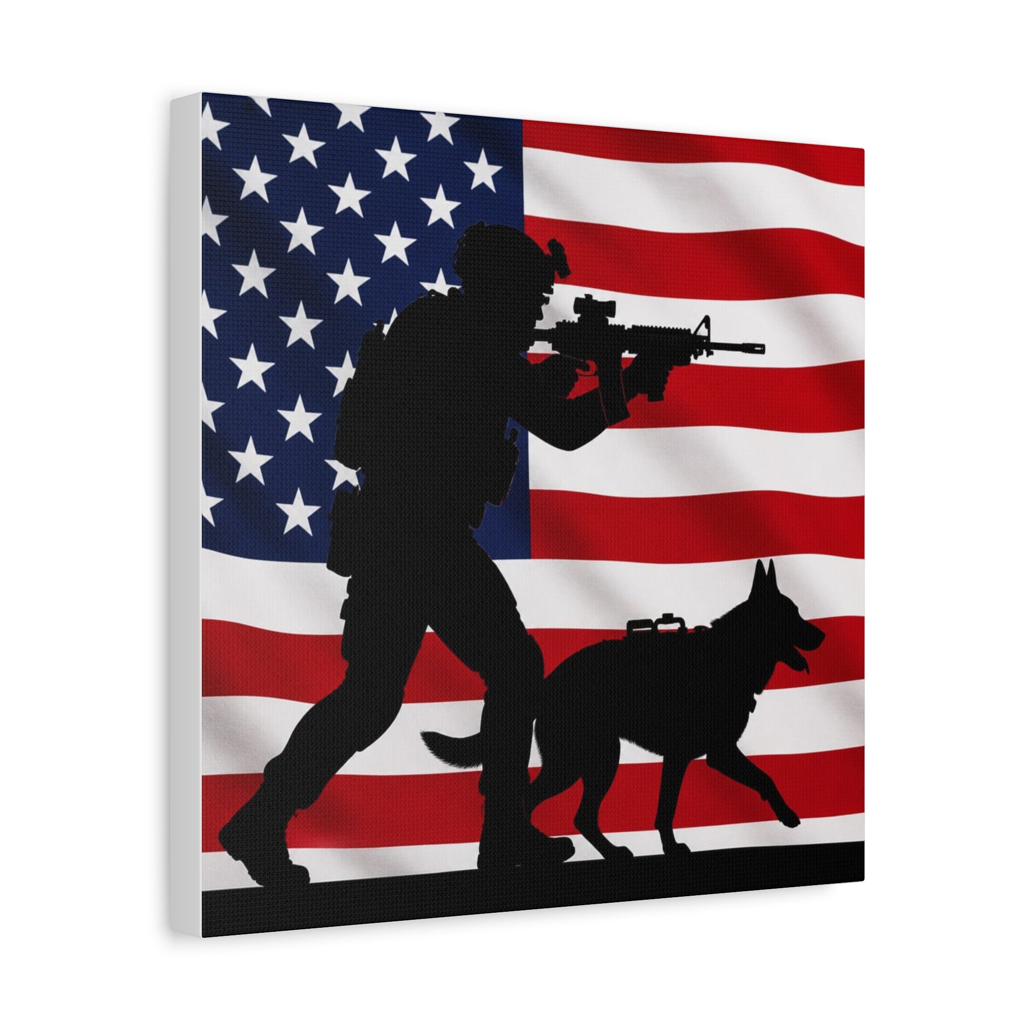 Patriotic Military K9 Canvas Wall Art — Soldier and Dog Silhouette with American Flag