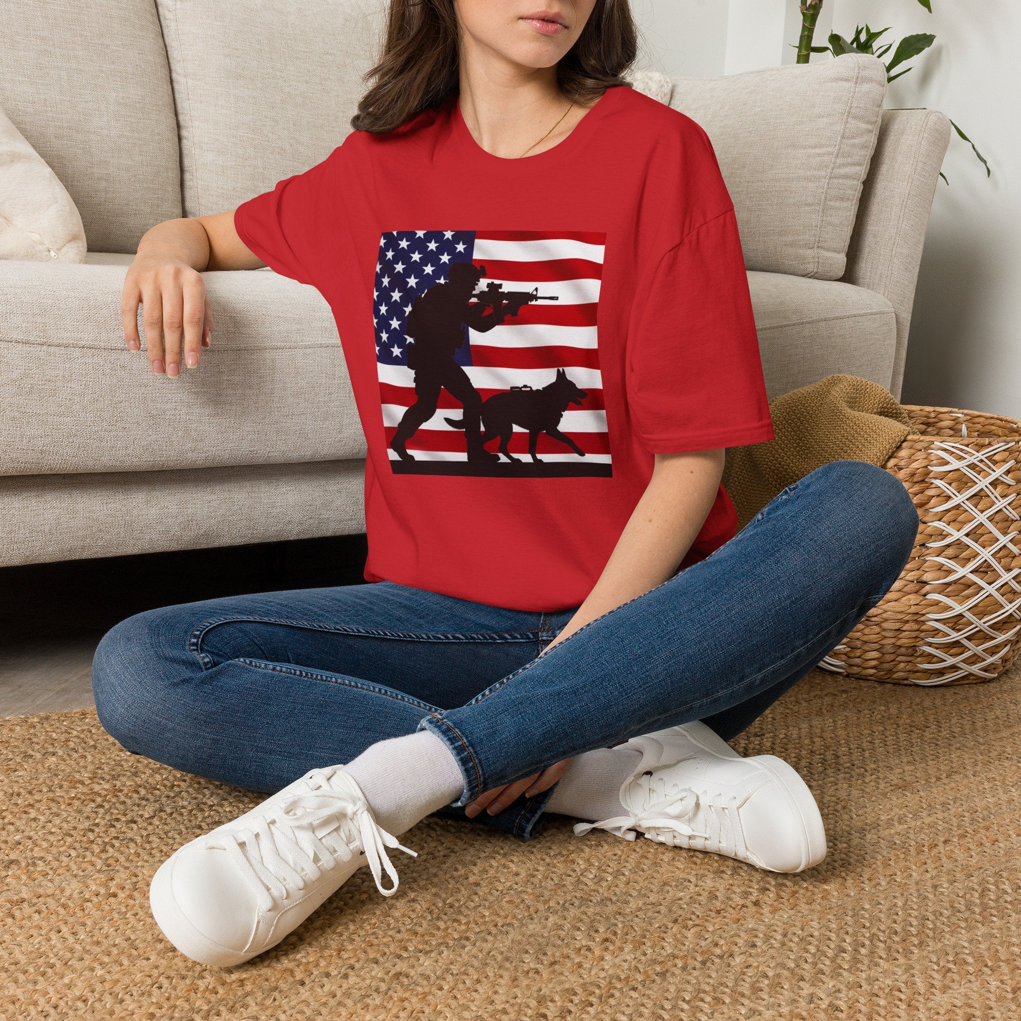 Patriotic K9 Handler T-Shirt — American Flag Soldier with Dog Graphic