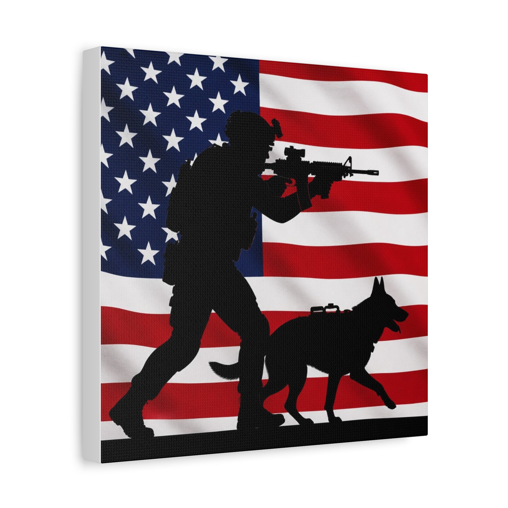 Patriotic Military K9 Canvas Wall Art — Soldier and Dog Silhouette with American Flag