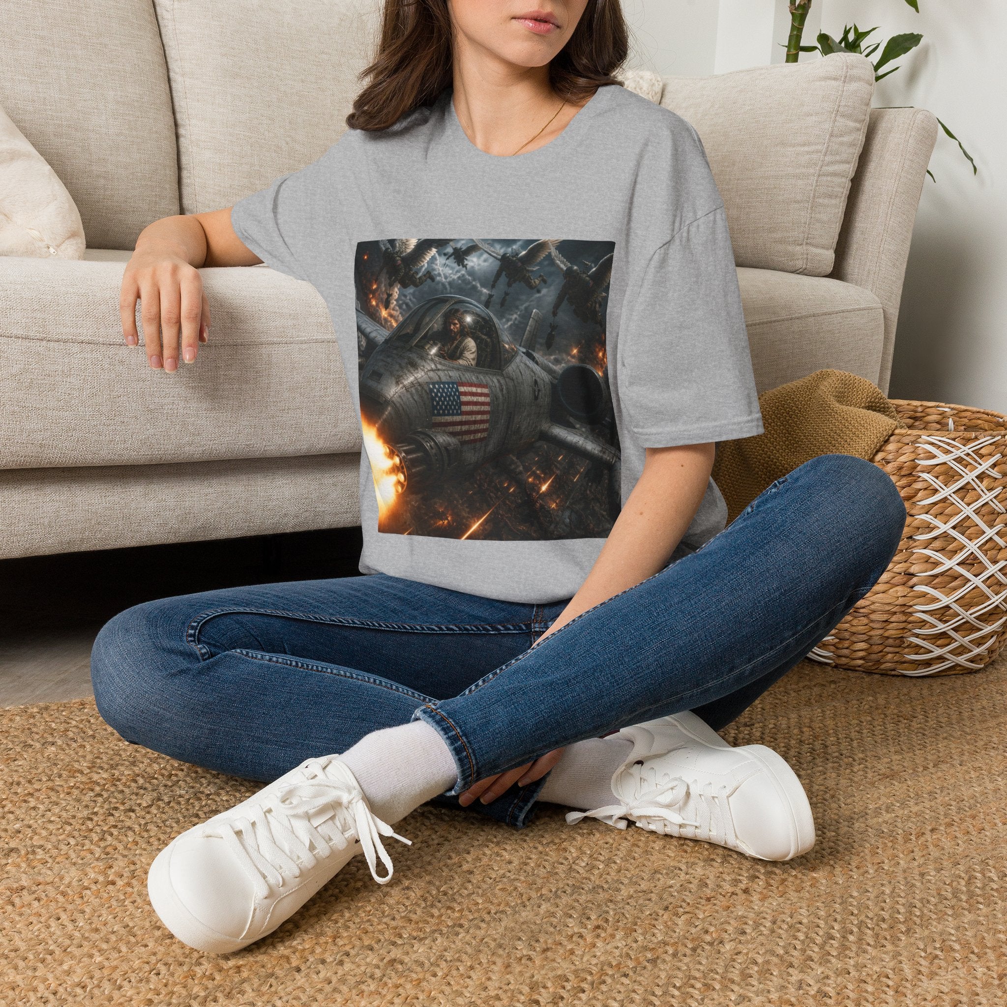 Jesus Military Pilot T‑Shirt — Vintage Jetfighter Scene with American Flag