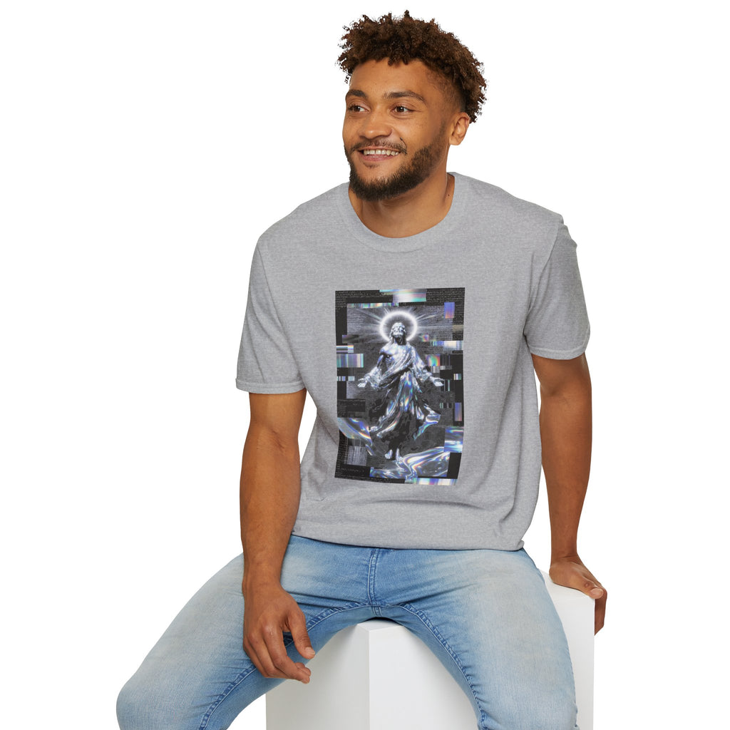 Glitch Halo Jesus T-Shirt — Vintage Religious Retro Digital Art Tee
