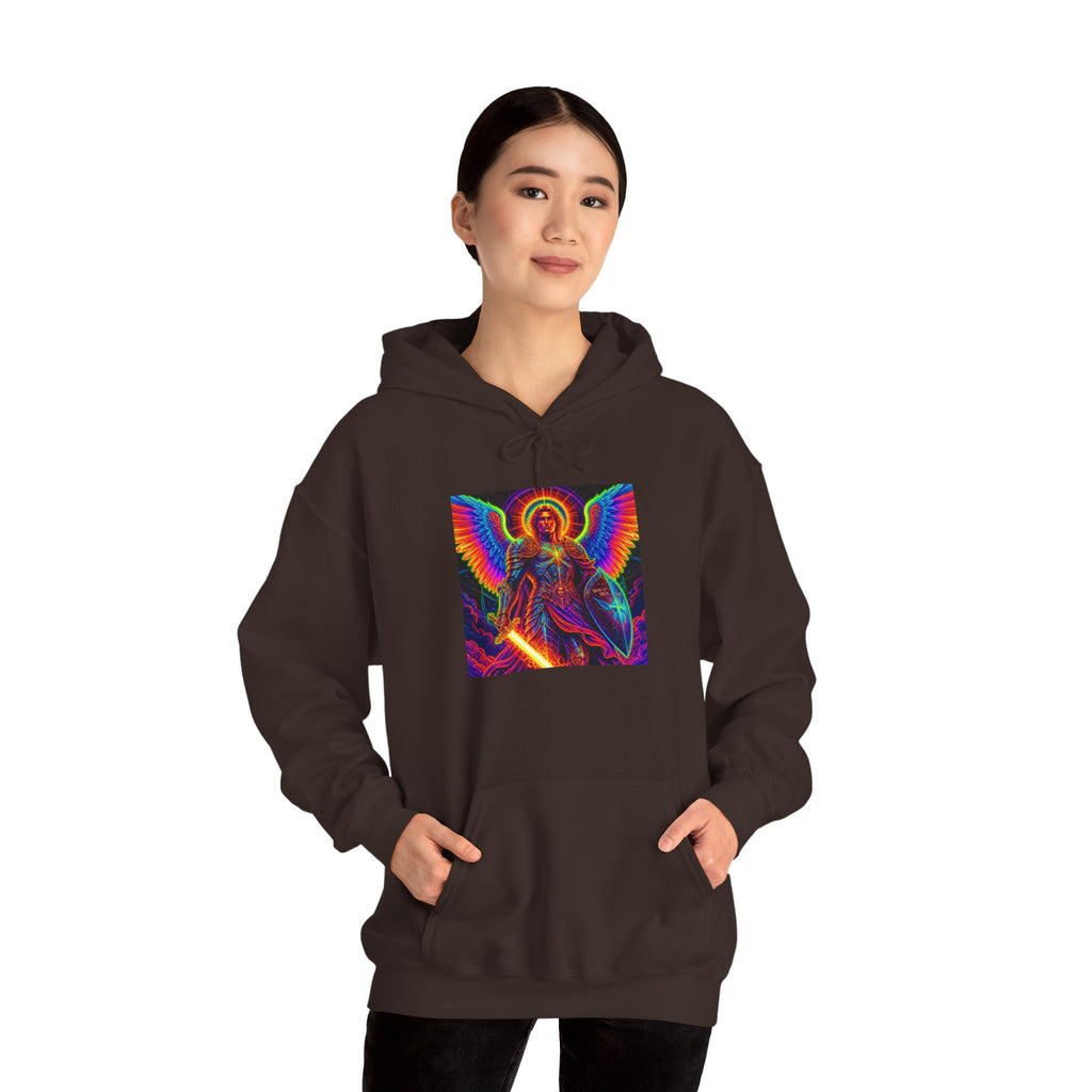 Psychedelic Angel Hoodie — Neon Rainbow Guardian Graphic Sweatshirt