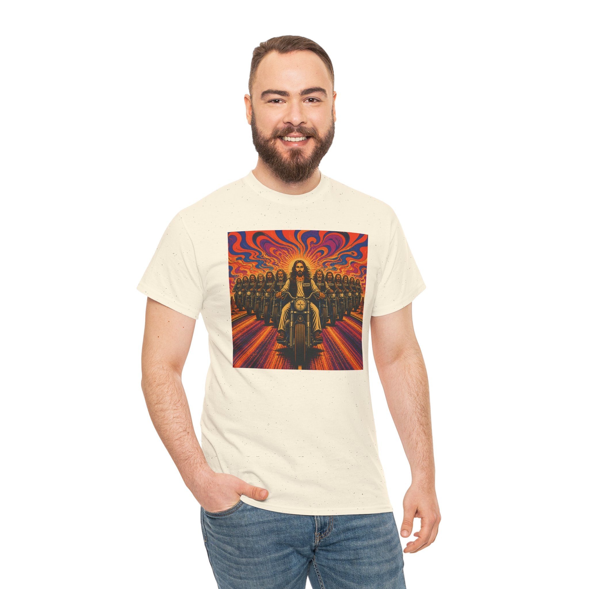 Psychedelic Yashua/Jesus Biker Crew T-Shirt — Retro Jesus Motorcycle Rider Graphic Tee