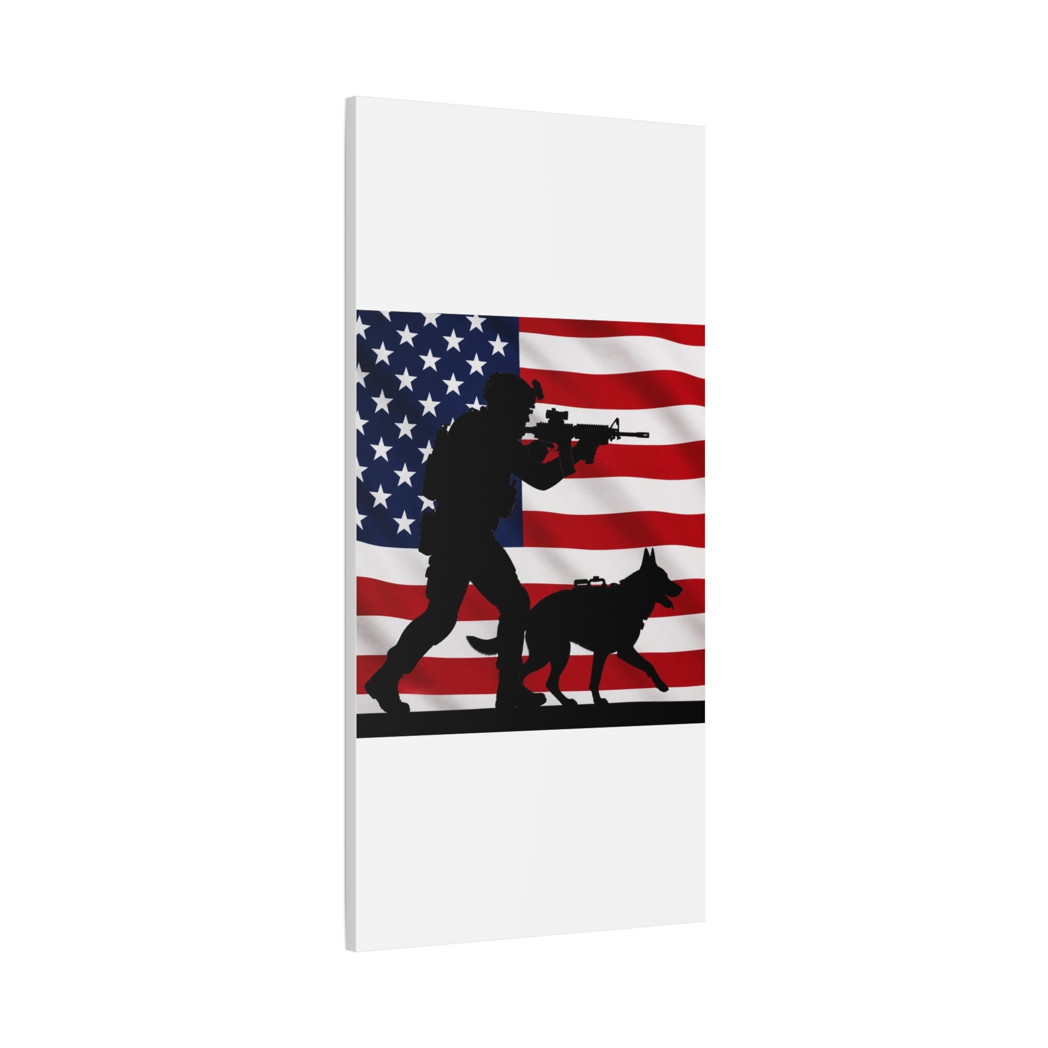 Patriotic Military K9 Canvas Wall Art — Soldier and Dog Silhouette with American Flag