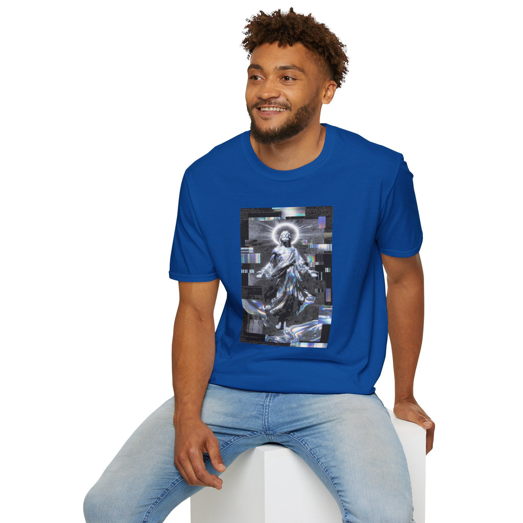 Glitch Halo Jesus T-Shirt — Vintage Religious Retro Digital Art Tee