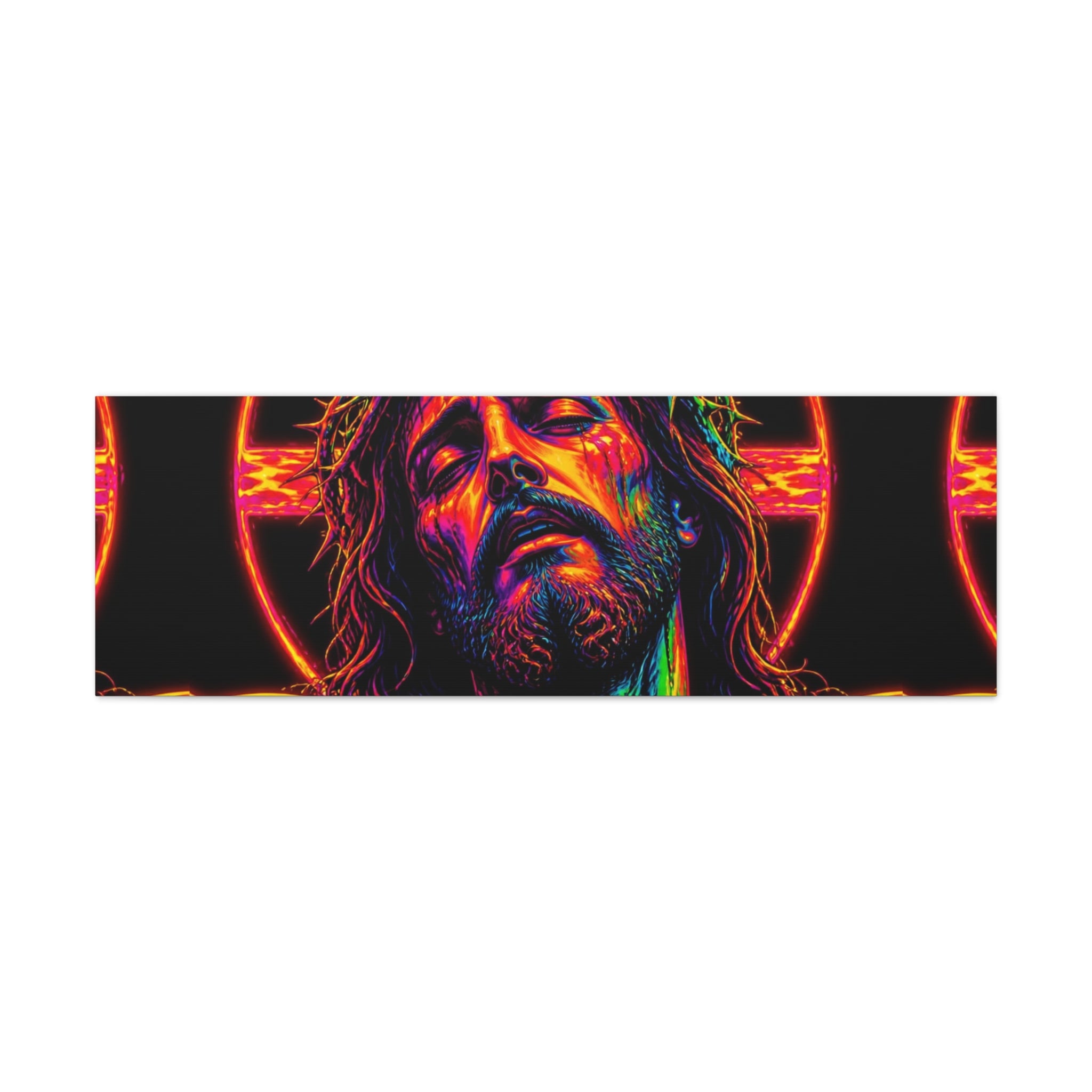 Neon Christ Crucifix Canvas Print — Vibrant Religious Wall Art