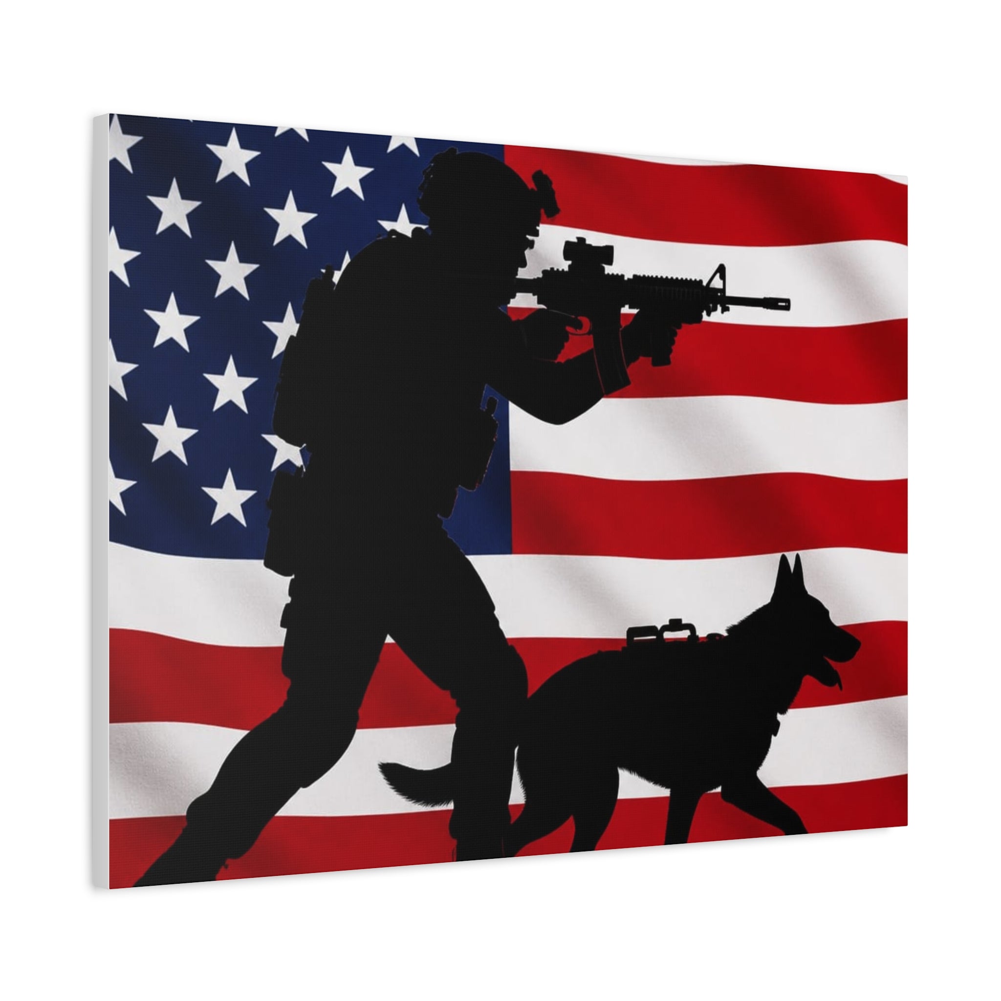 Patriotic Military K9 Canvas Wall Art — Soldier and Dog Silhouette with American Flag